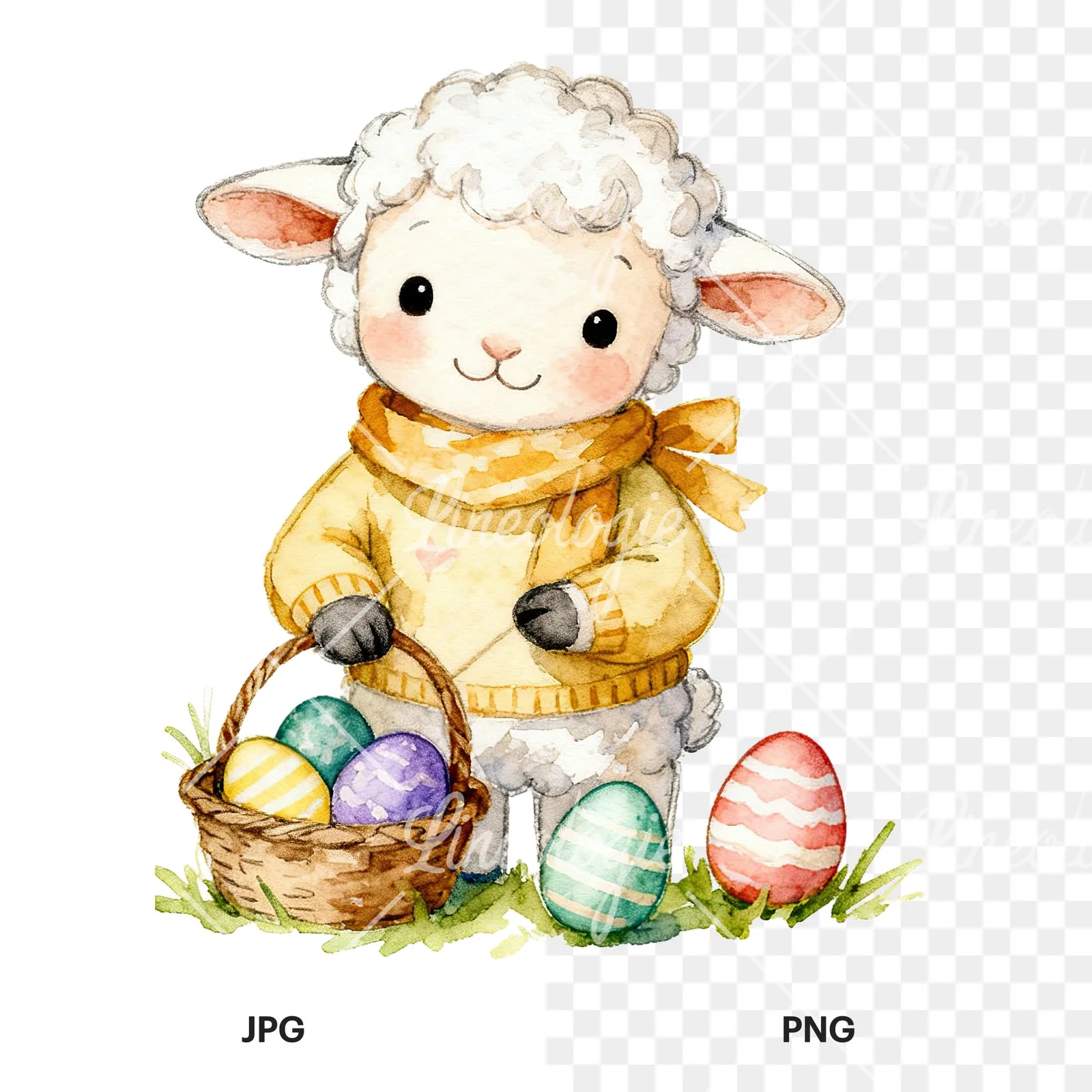 Watercolor Easter baby lamb clipart 7 of 9, as a JPG on white and a transparent PNG