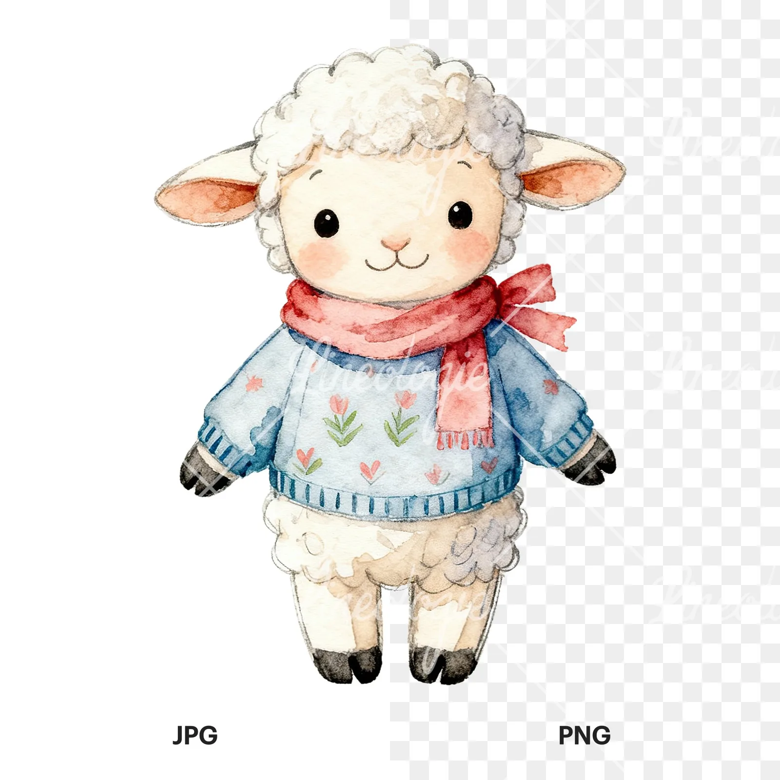 Watercolor Easter baby lamb clipart 8 of 9, as a JPG on white and a transparent PNG