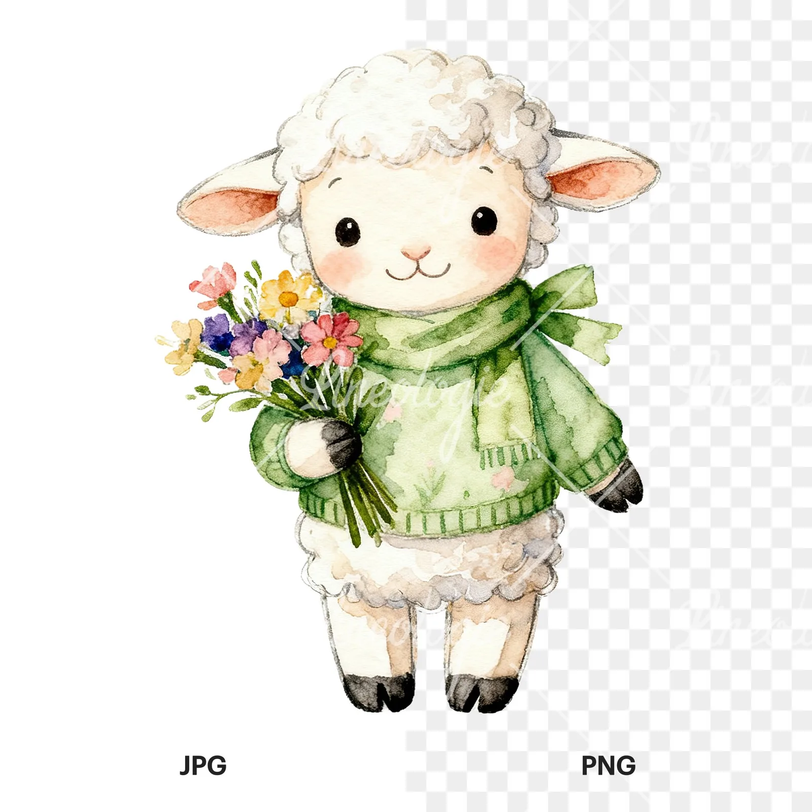 Watercolor Easter baby lamb clipart 9 of 9, as a JPG on white and a transparent PNG