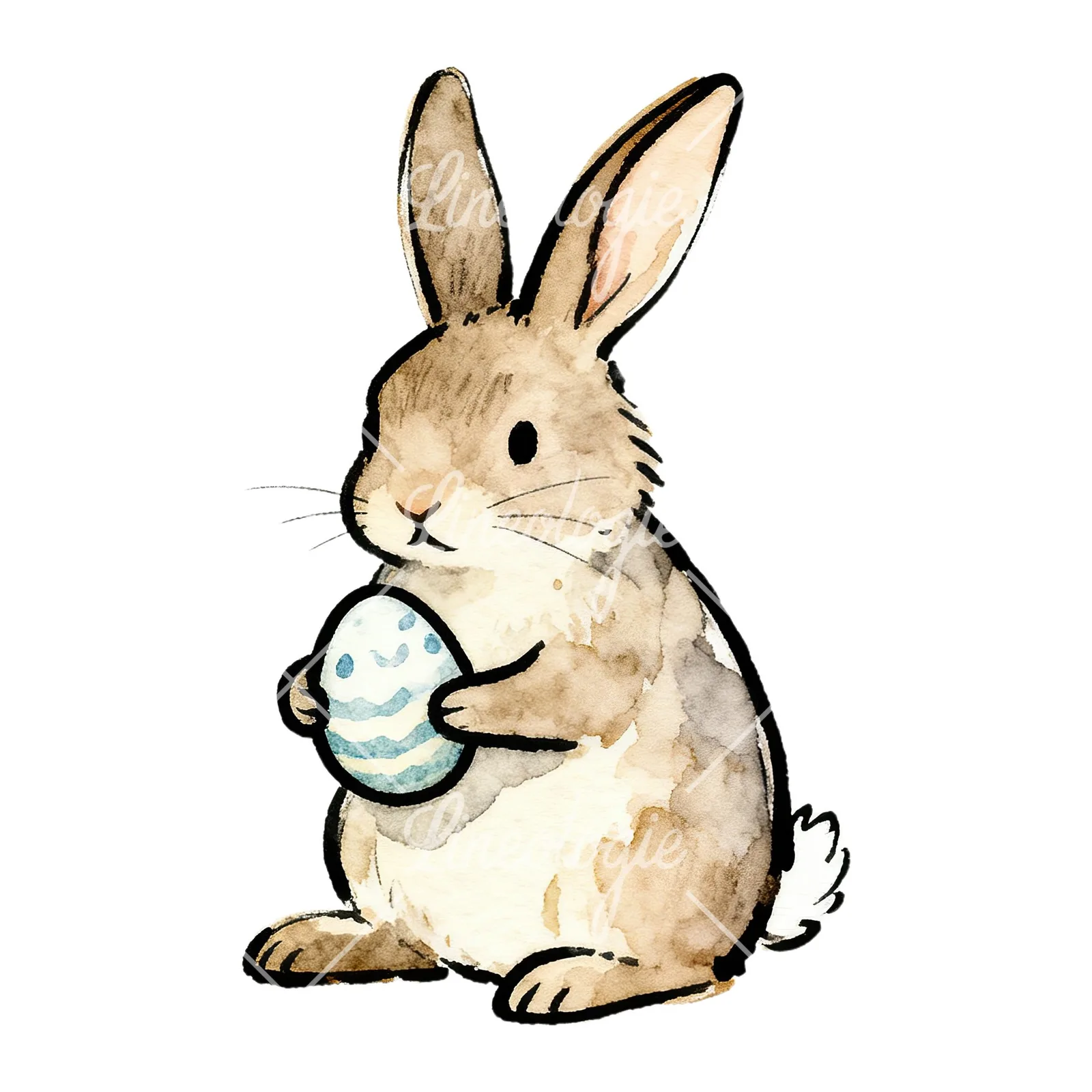 Watercolor Easter bunnies carrots and eggs clipart 1 of 9 on a white background (JPG)