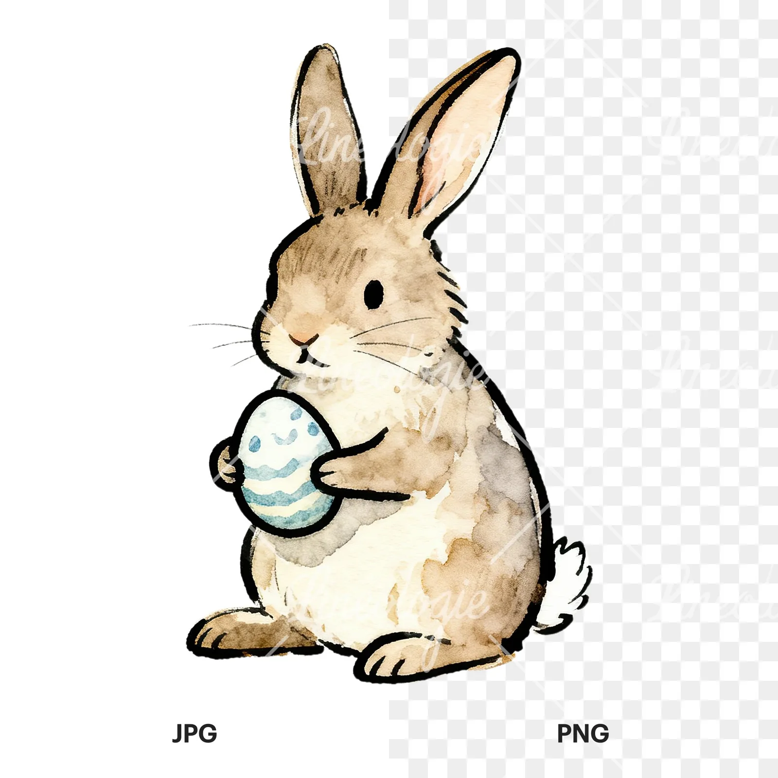 Watercolor Easter bunnies carrots and eggs clipart 1 of 9, as a JPG on white and a transparent PNG