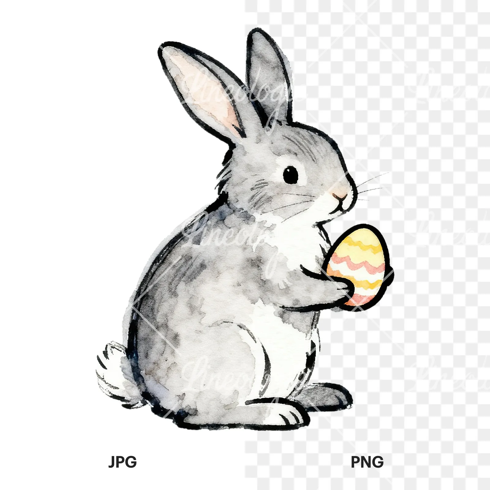 Watercolor Easter bunnies carrots and eggs clipart 2 of 9, as a JPG on white and a transparent PNG