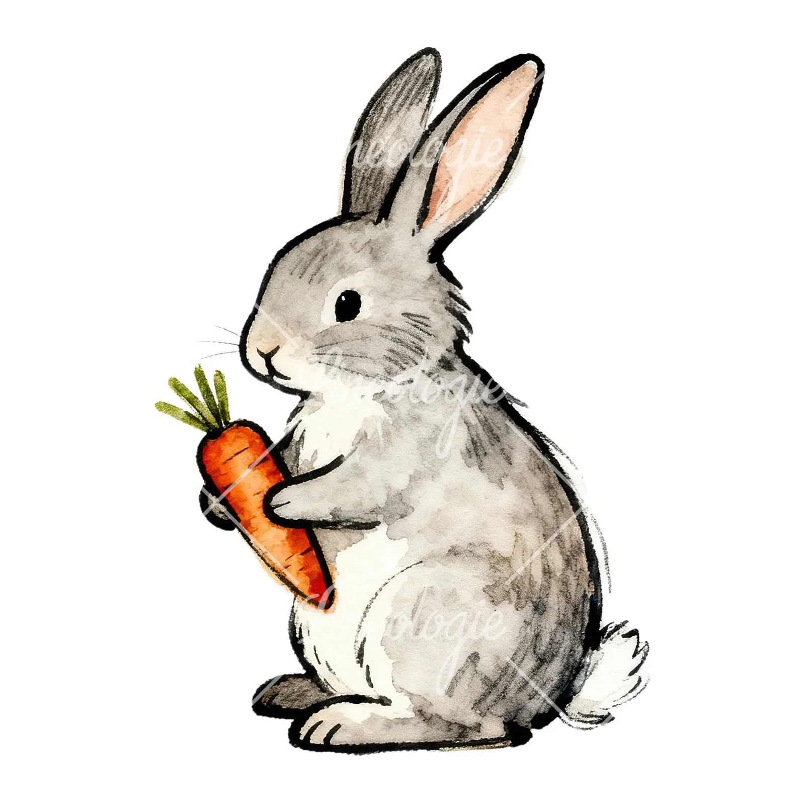 Watercolor Easter bunnies carrots and eggs clipart 3 of 9 on a white background (JPG)