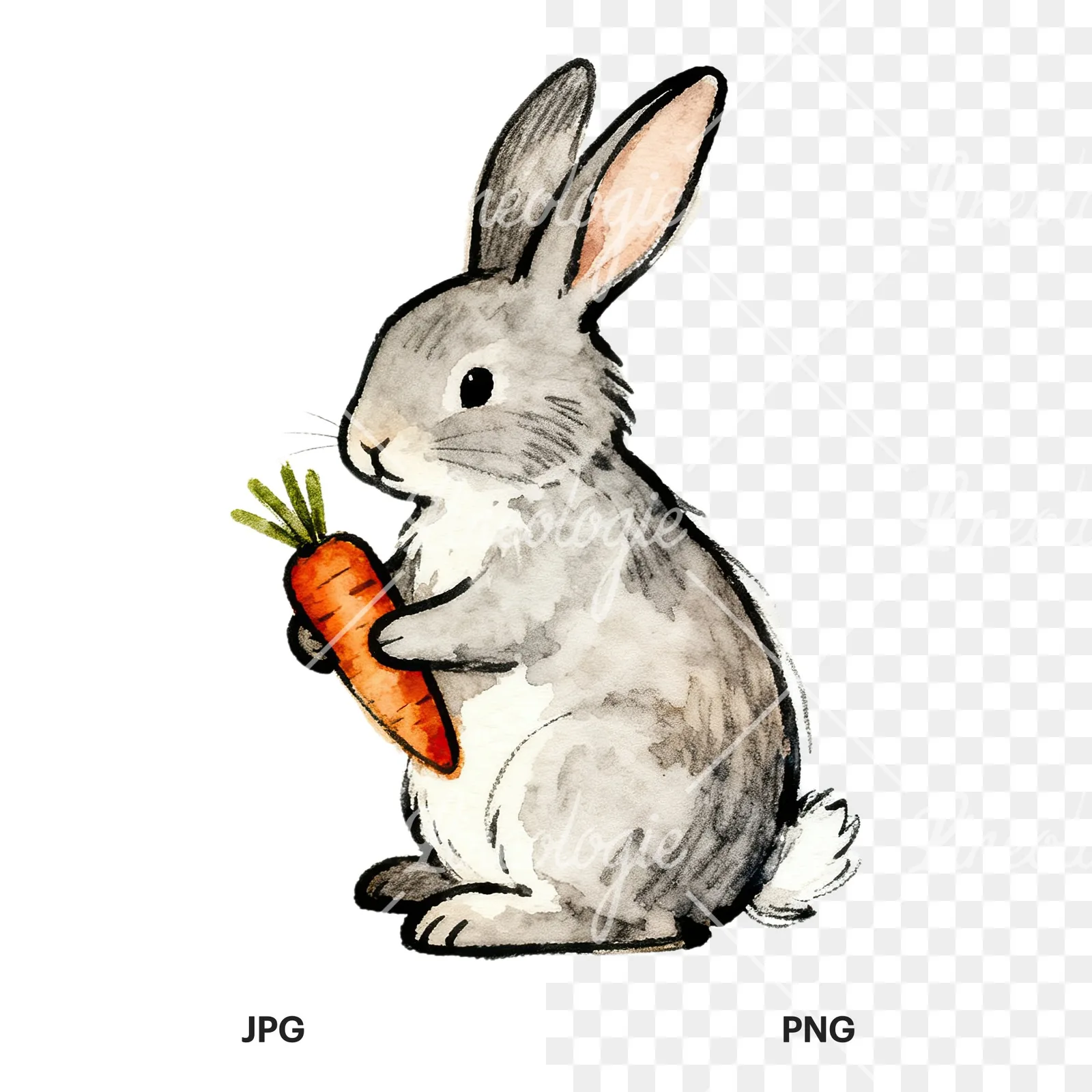 Watercolor Easter bunnies carrots and eggs clipart 3 of 9, as a JPG on white and a transparent PNG