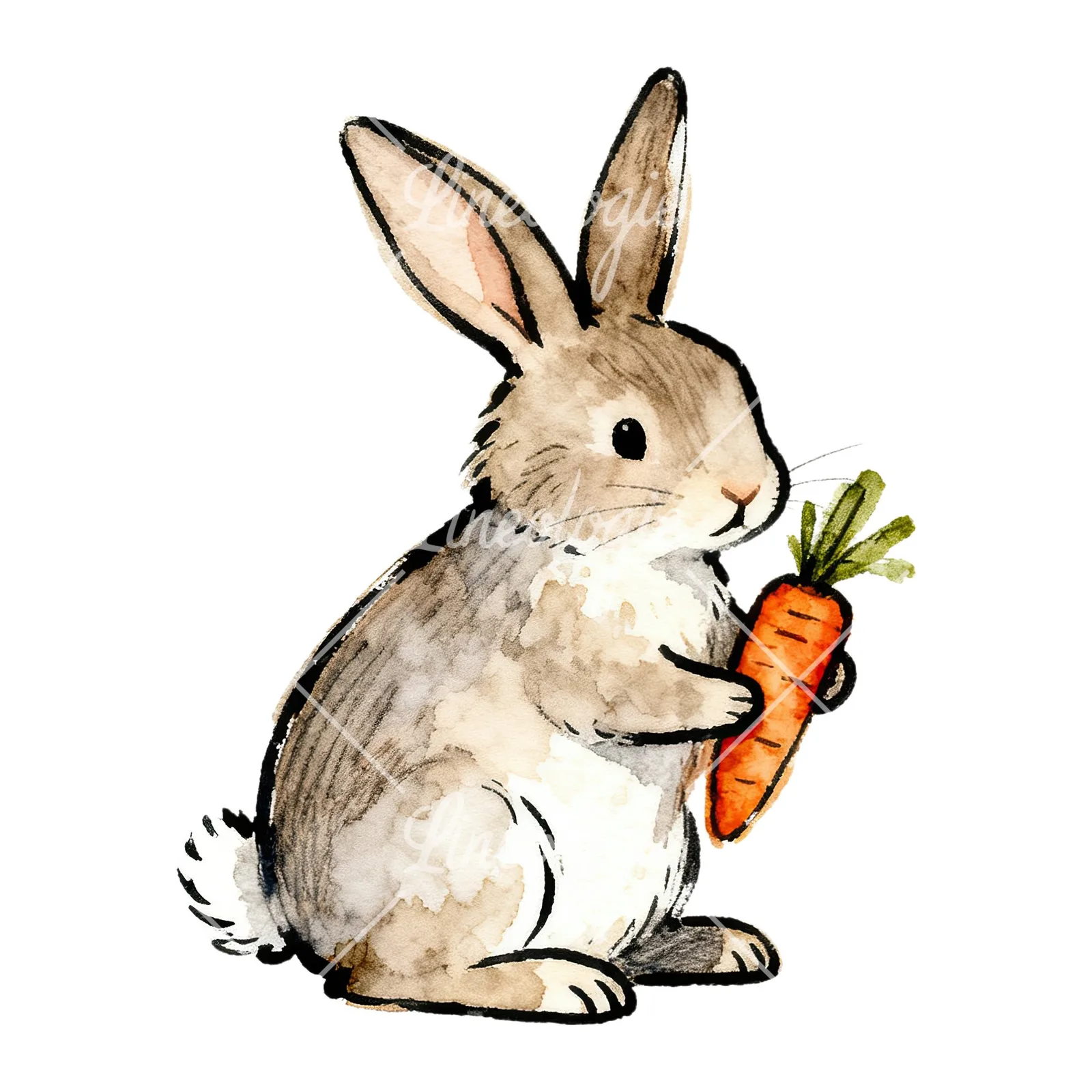 Watercolor Easter bunnies carrots and eggs clipart 4 of 9 on a white background (JPG)