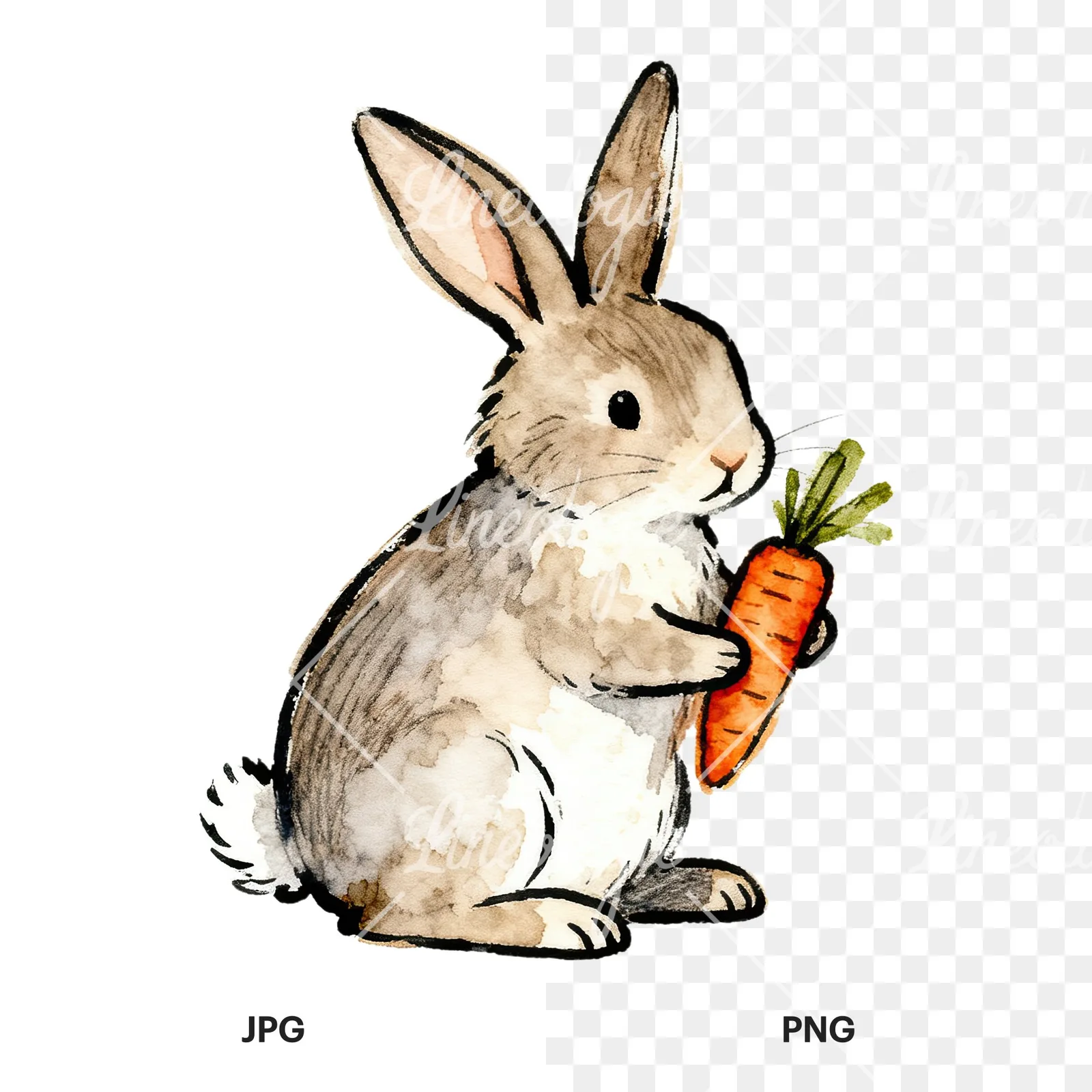 Watercolor Easter bunnies carrots and eggs clipart 4 of 9, as a JPG on white and a transparent PNG