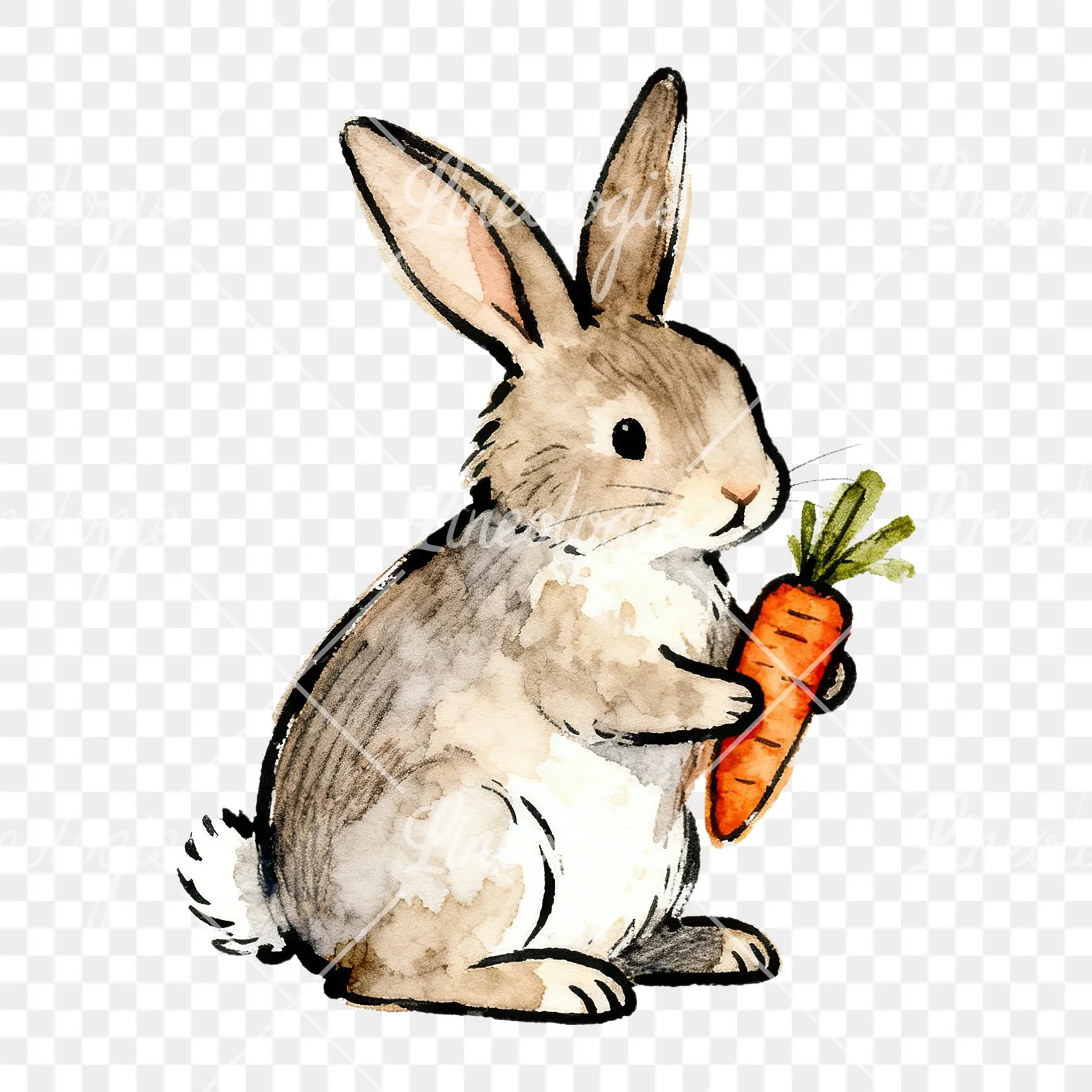 Watercolor Easter bunnies carrots and eggs clipart 4 of 9 on a transparent background (PNG)