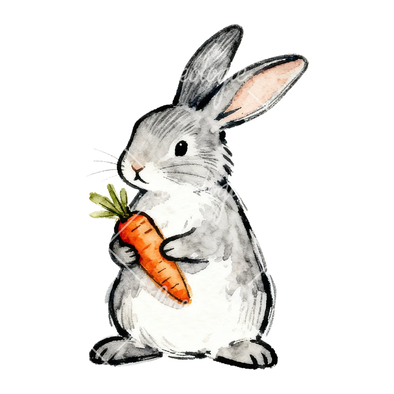 Watercolor Easter bunnies carrots and eggs clipart 5 of 9 on a white background (JPG)