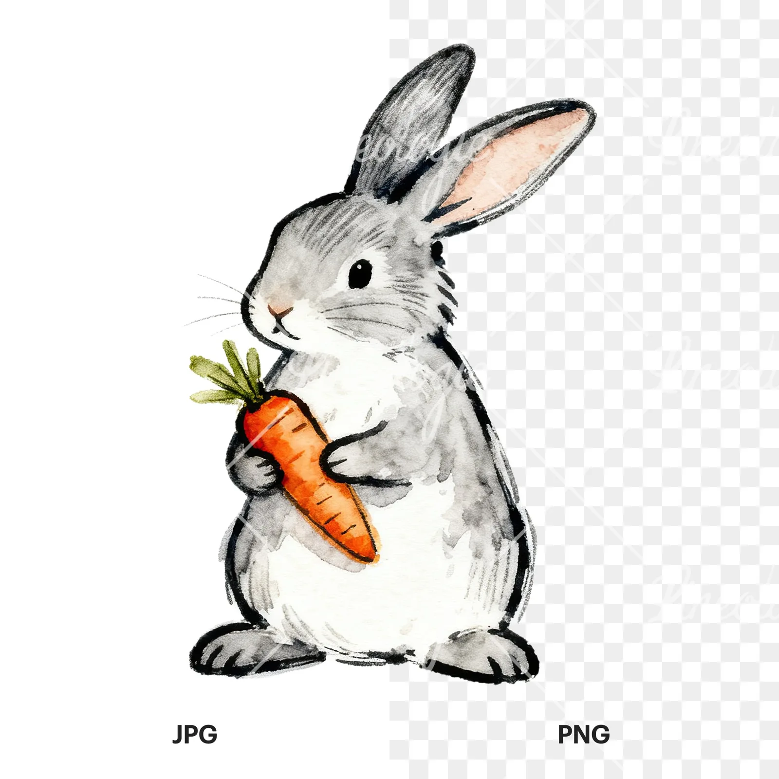 Watercolor Easter bunnies carrots and eggs clipart 5 of 9, as a JPG on white and a transparent PNG