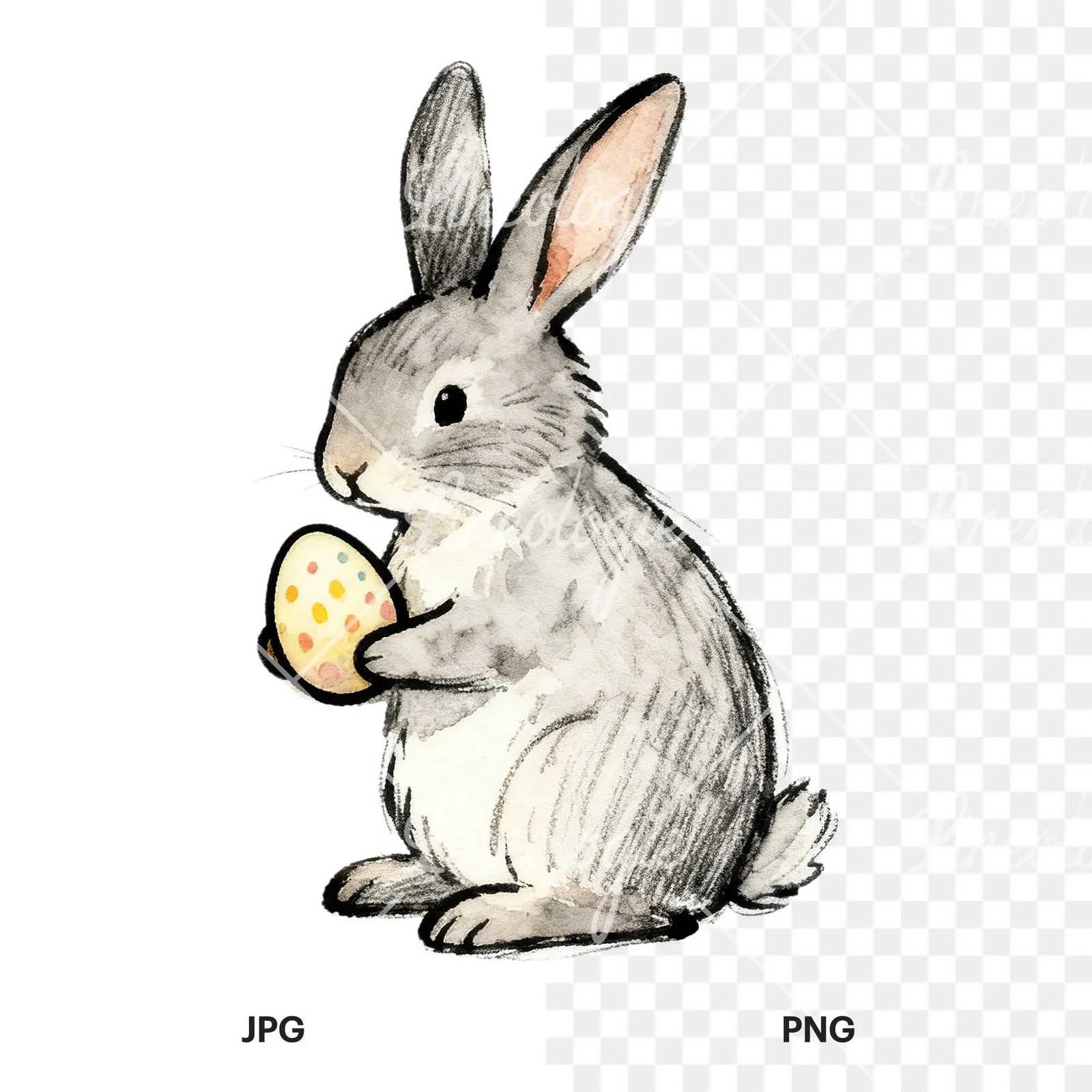 Watercolor Easter bunnies carrots and eggs clipart 6 of 9, as a JPG on white and a transparent PNG