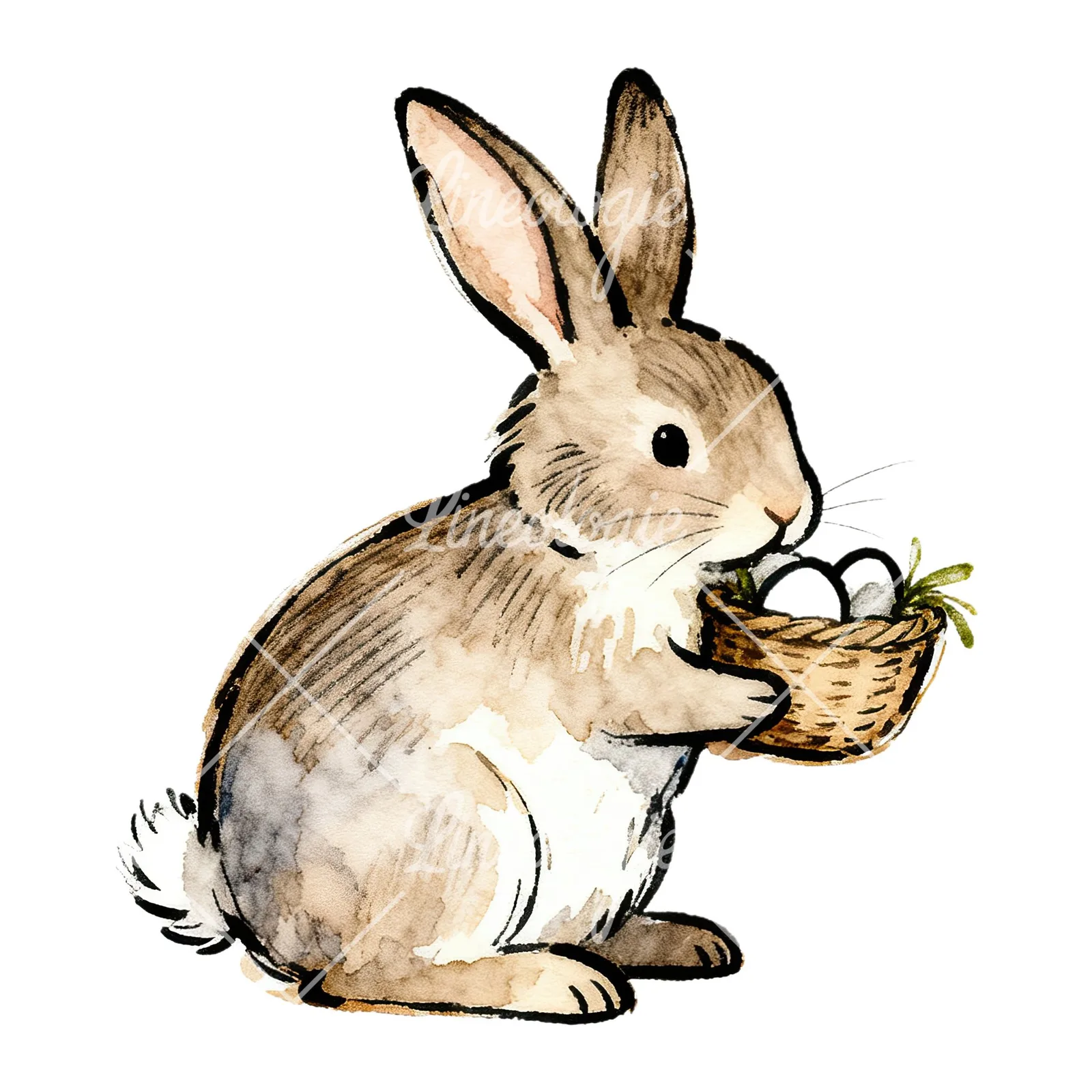 Watercolor Easter bunnies carrots and eggs clipart 7 of 9 on a white background (JPG)