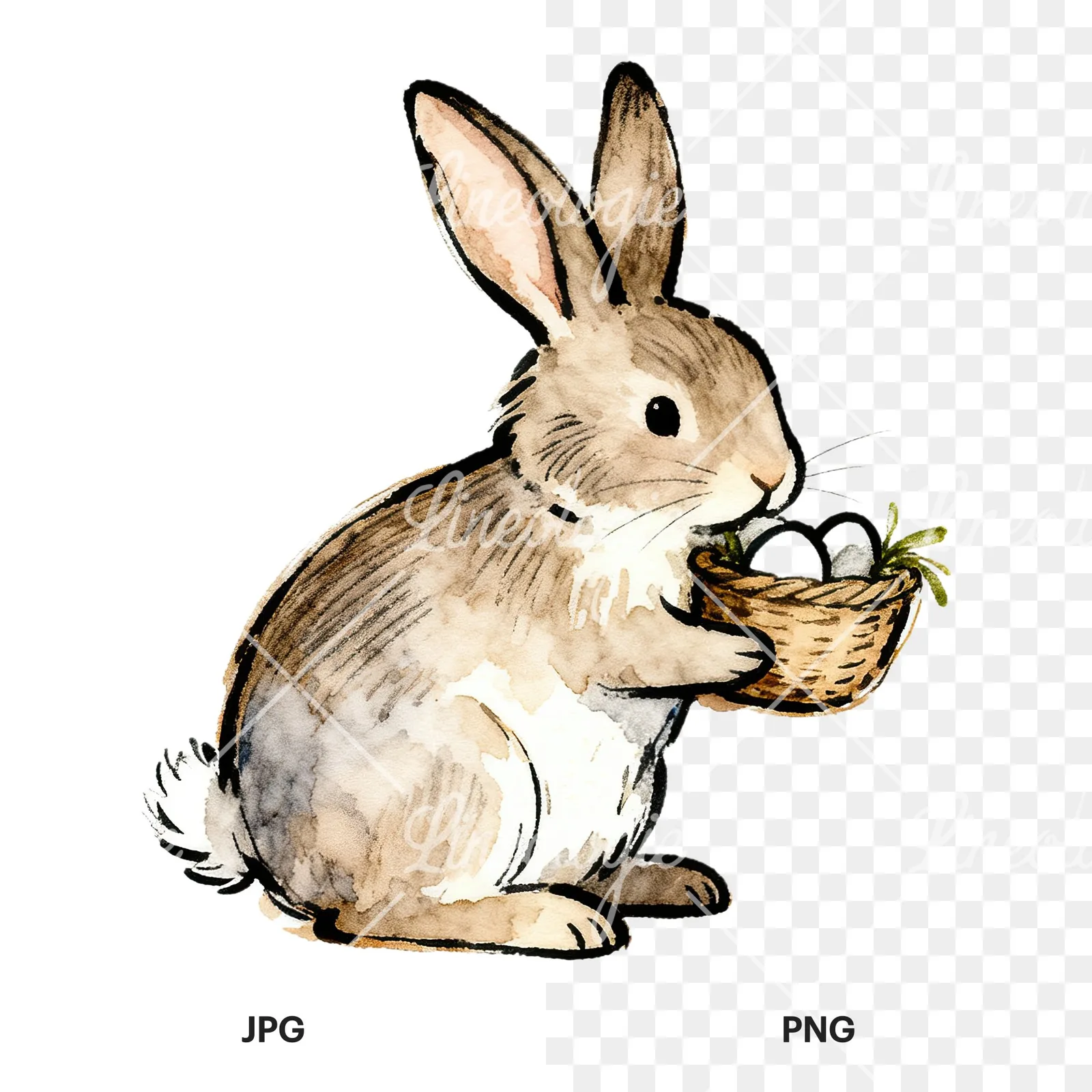 Watercolor Easter bunnies carrots and eggs clipart 7 of 9, as a JPG on white and a transparent PNG