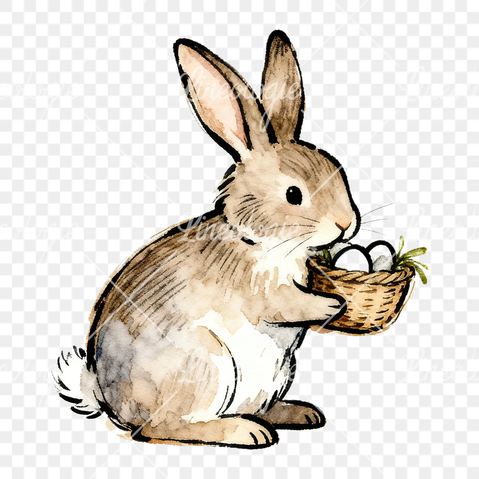 Watercolor Easter bunnies carrots and eggs clipart 7 of 9 on a transparent background (PNG)
