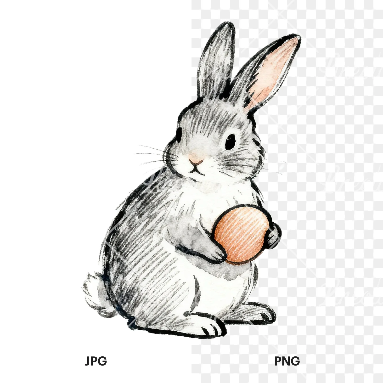 Watercolor Easter bunnies carrots and eggs clipart 8 of 9, as a JPG on white and a transparent PNG