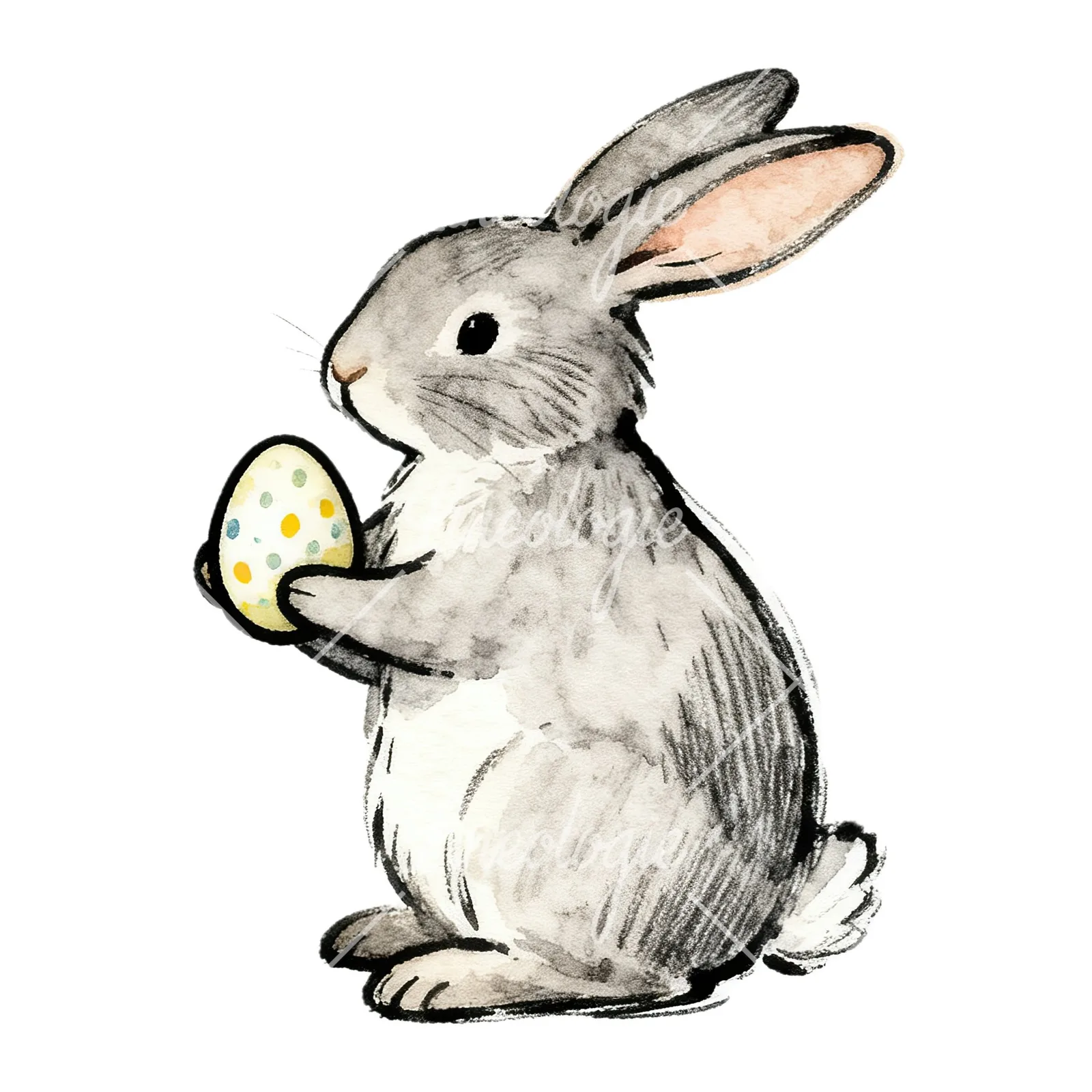 Watercolor Easter bunnies carrots and eggs clipart 9 of 9 on a white background (JPG)