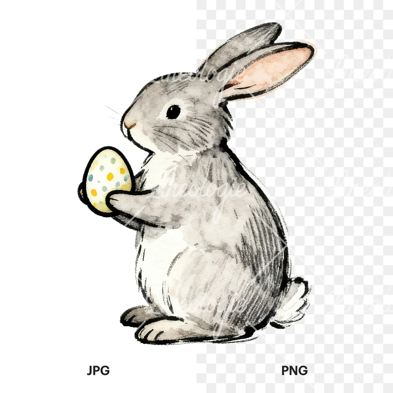 Watercolor Easter bunnies carrots and eggs clipart 9 of 9, as a JPG on white and a transparent PNG
