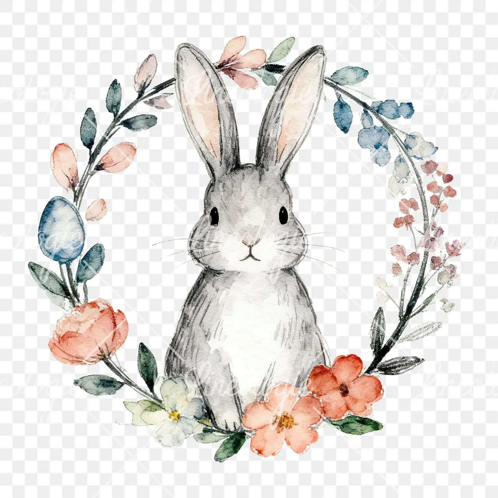Watercolor Easter bunny wreath clipart 1 of 9 on a transparent background (PNG)