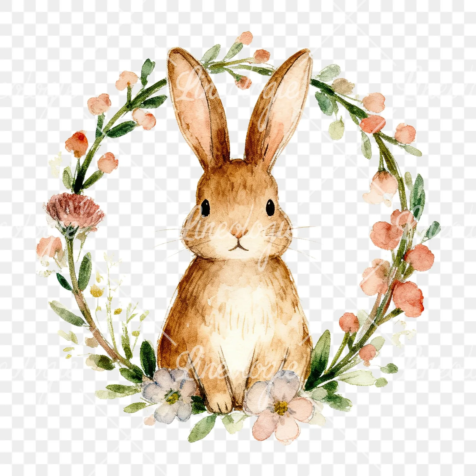 Watercolor Easter bunny wreath clipart 2 of 9 on a transparent background (PNG)