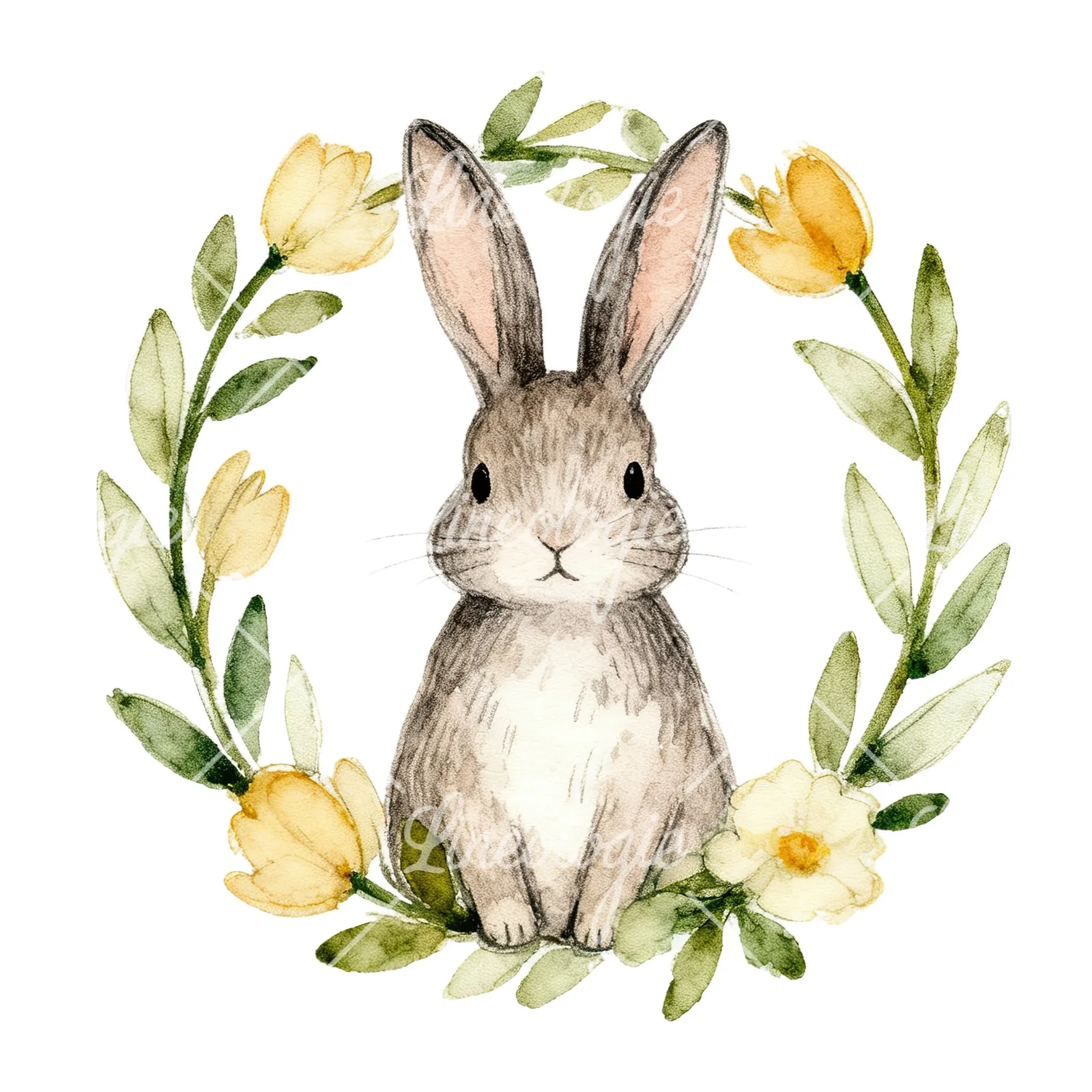 Watercolor Easter bunny wreath clipart 3 of 9 on a white background (JPG)