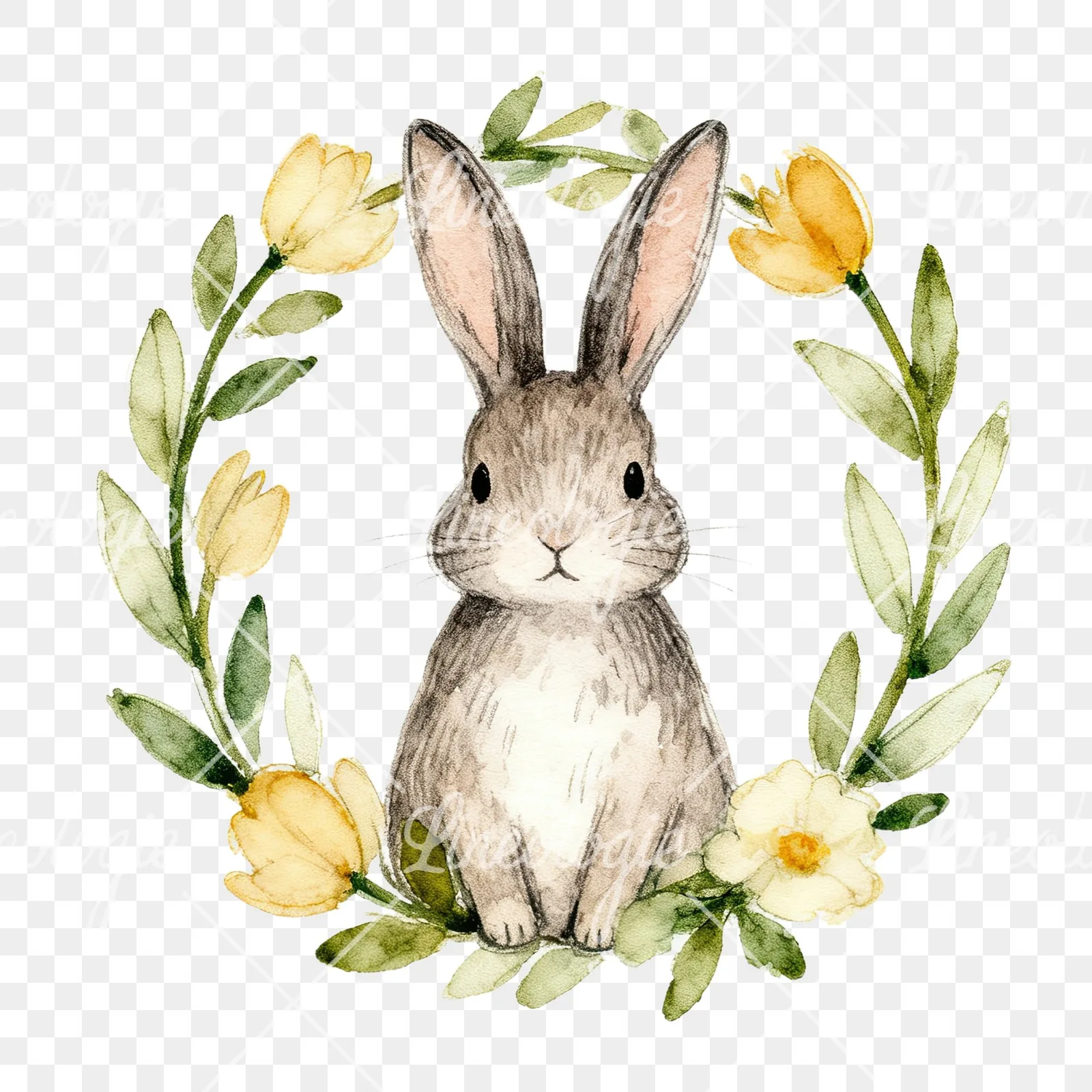 Watercolor Easter bunny wreath clipart 3 of 9 on a transparent background (PNG)