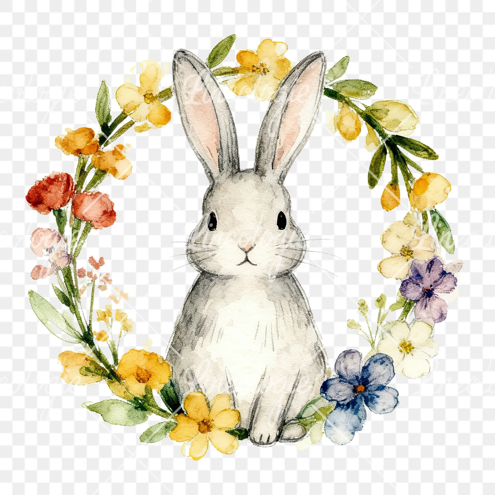 Watercolor Easter bunny wreath clipart 4 of 9 on a transparent background (PNG)
