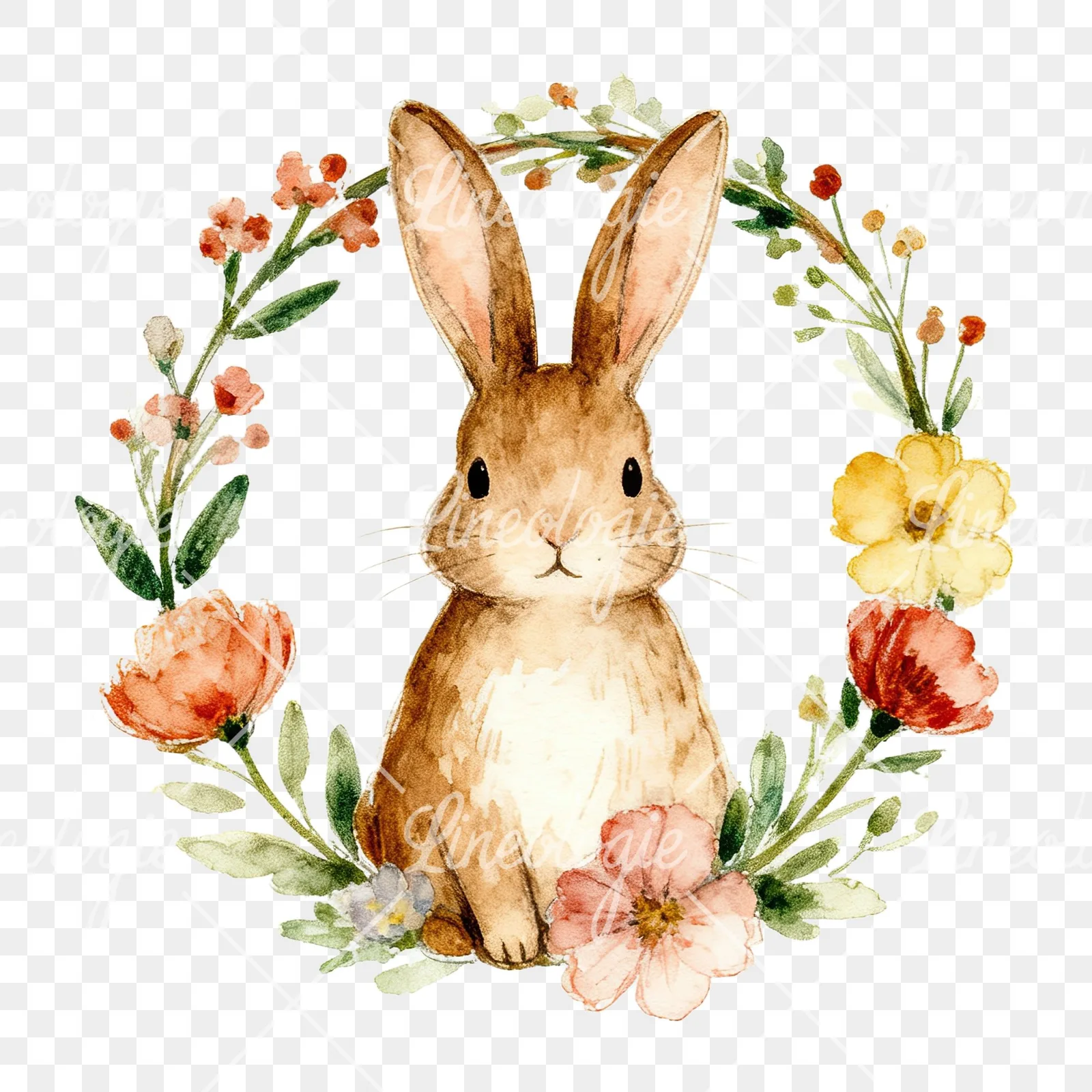 Watercolor Easter bunny wreath clipart 5 of 9 on a transparent background (PNG)