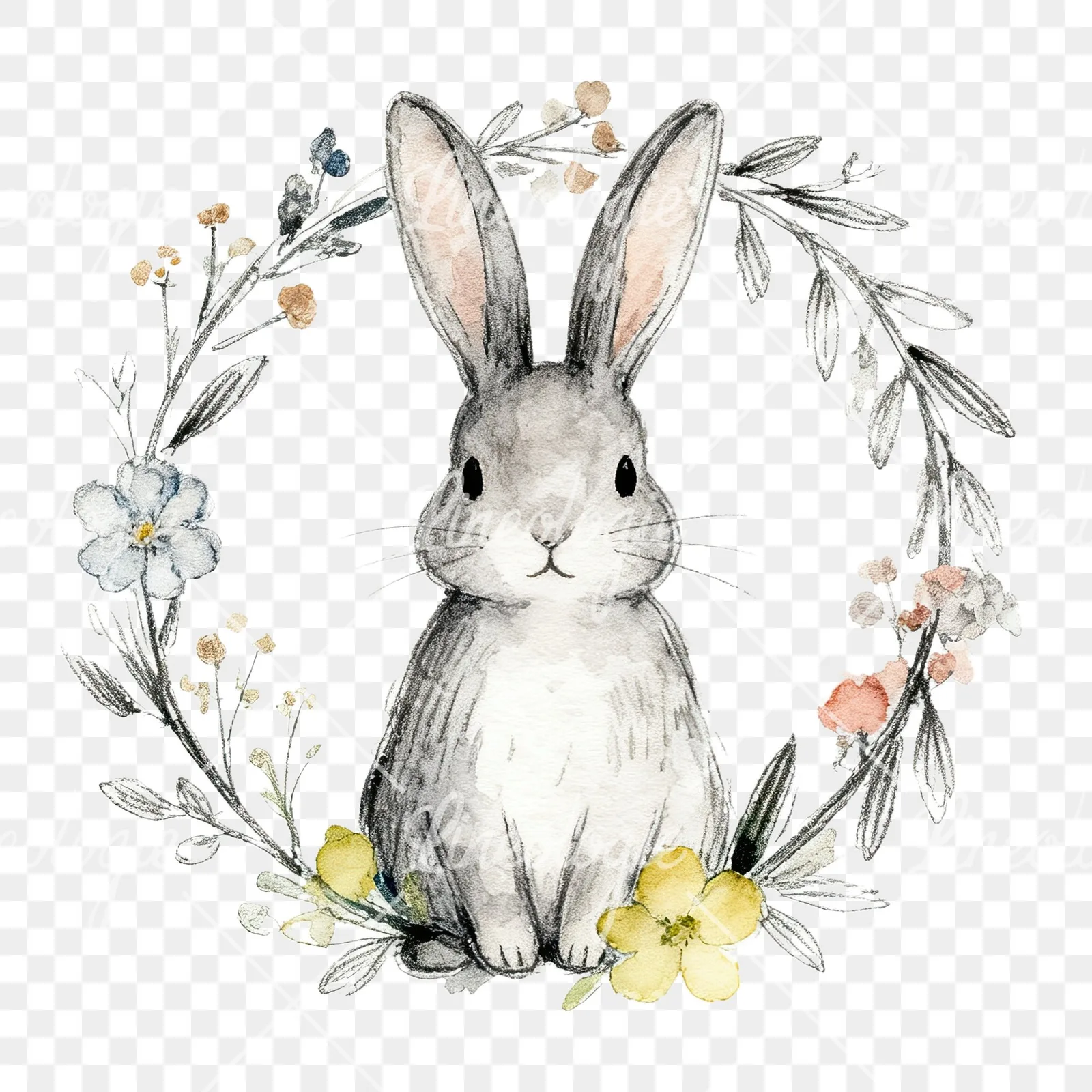Watercolor Easter bunny wreath clipart 7 of 9 on a transparent background (PNG)