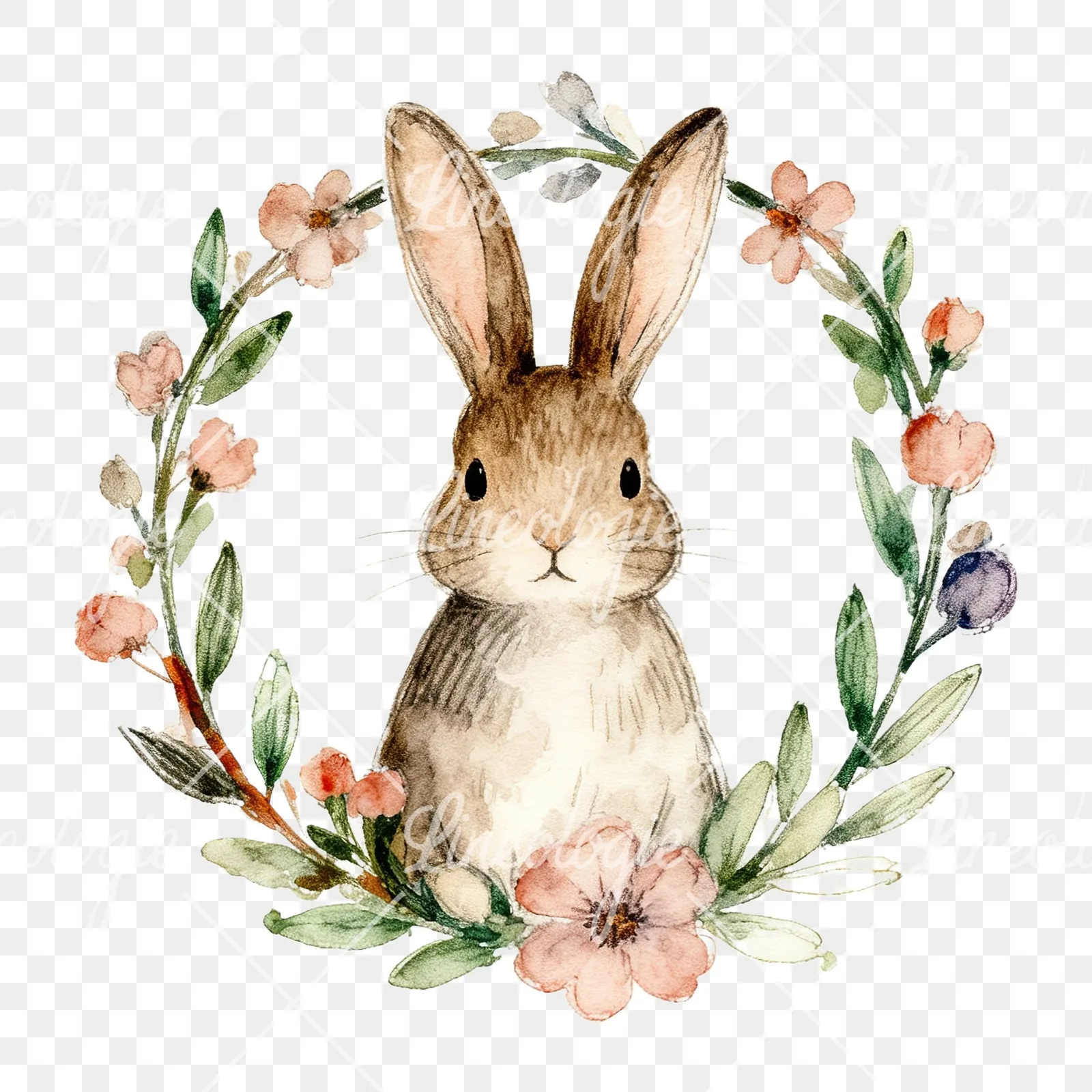 Watercolor Easter bunny wreath clipart 8 of 9 on a transparent background (PNG)