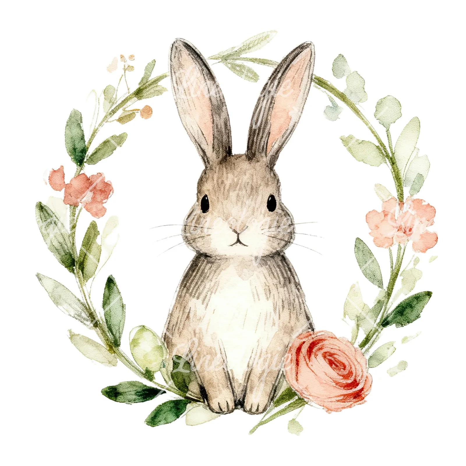 Watercolor Easter bunny wreath clipart 9 of 9 on a white background (JPG)