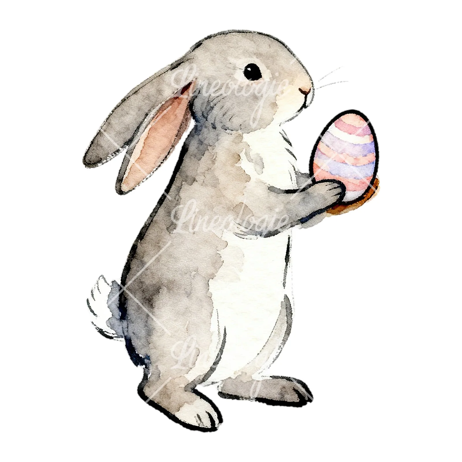 Watercolor Easter bunny with daisy clipart 1 of 9 on a white background (JPG)