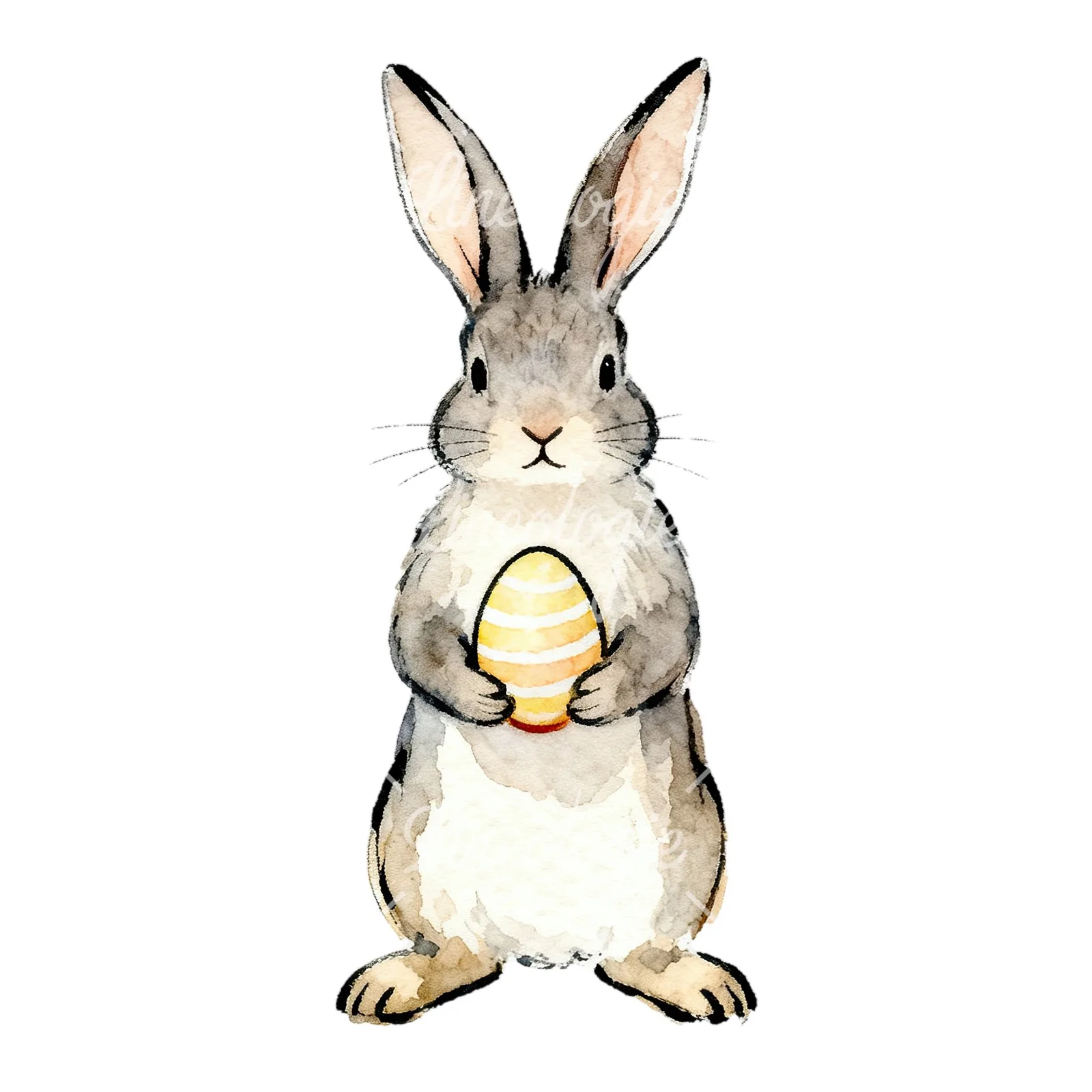 Watercolor Easter bunny with daisy clipart 2 of 9 on a white background (JPG)