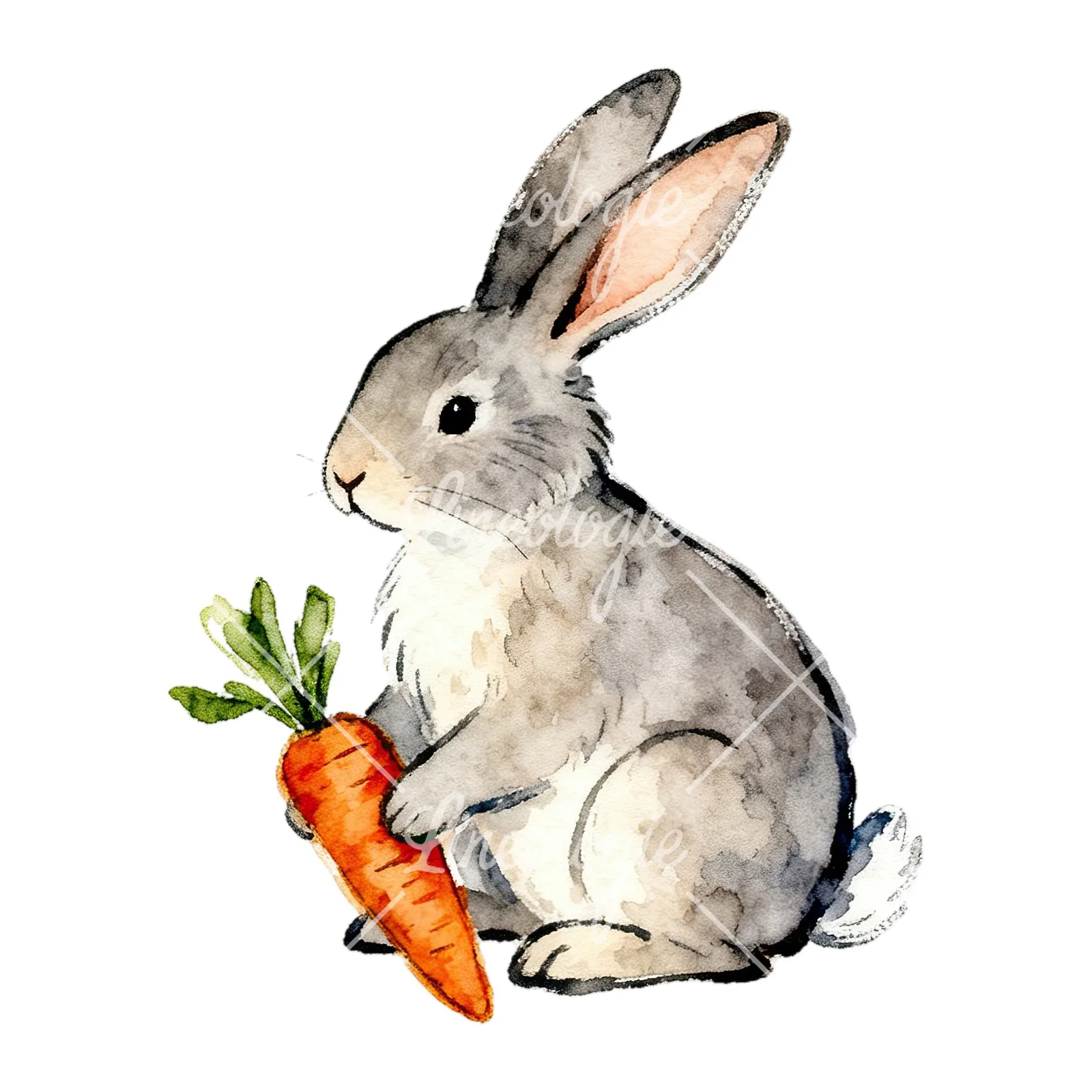 Watercolor Easter bunny with daisy clipart 5 of 9 on a white background (JPG)