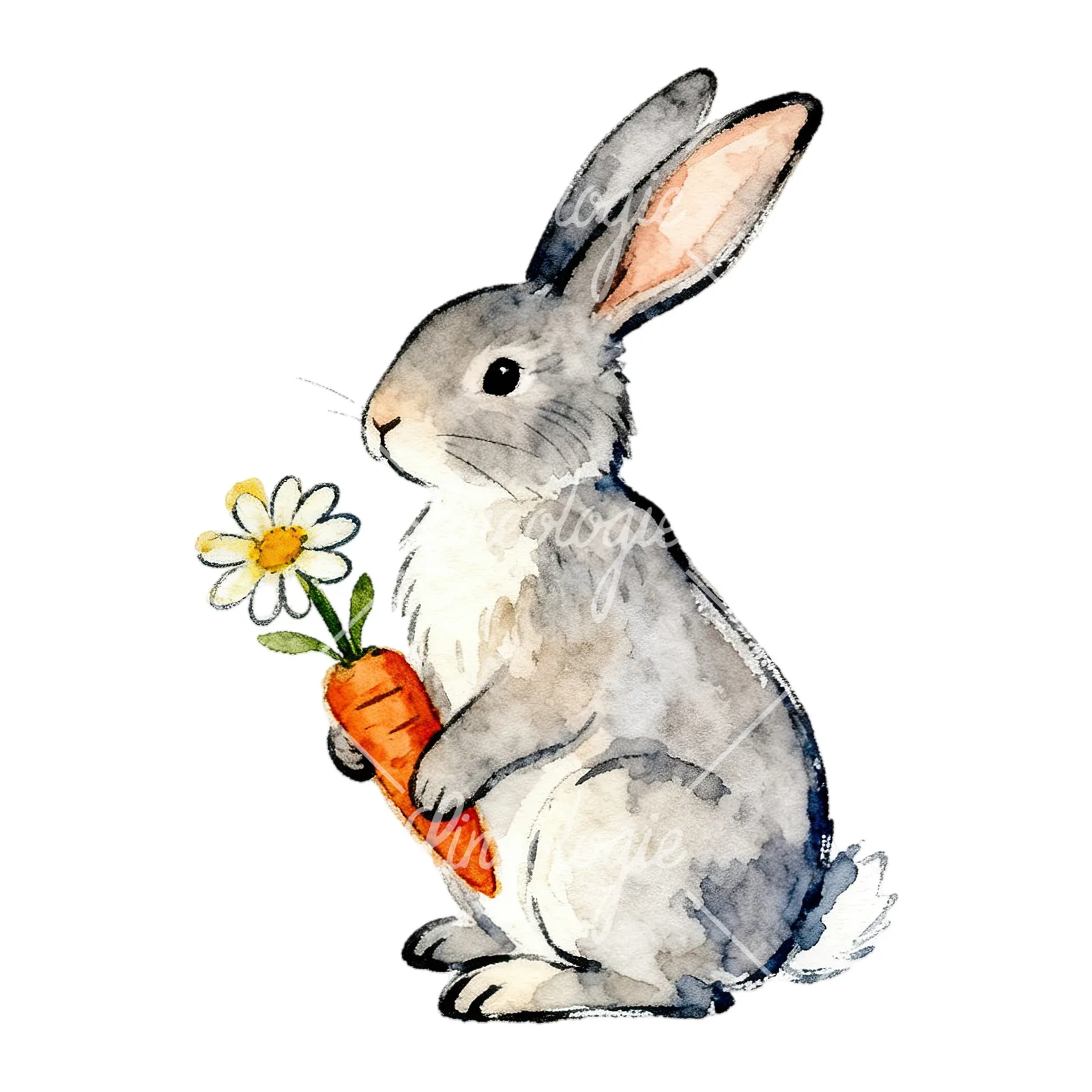 Watercolor Easter bunny with daisy clipart 8 of 9 on a white background (JPG)