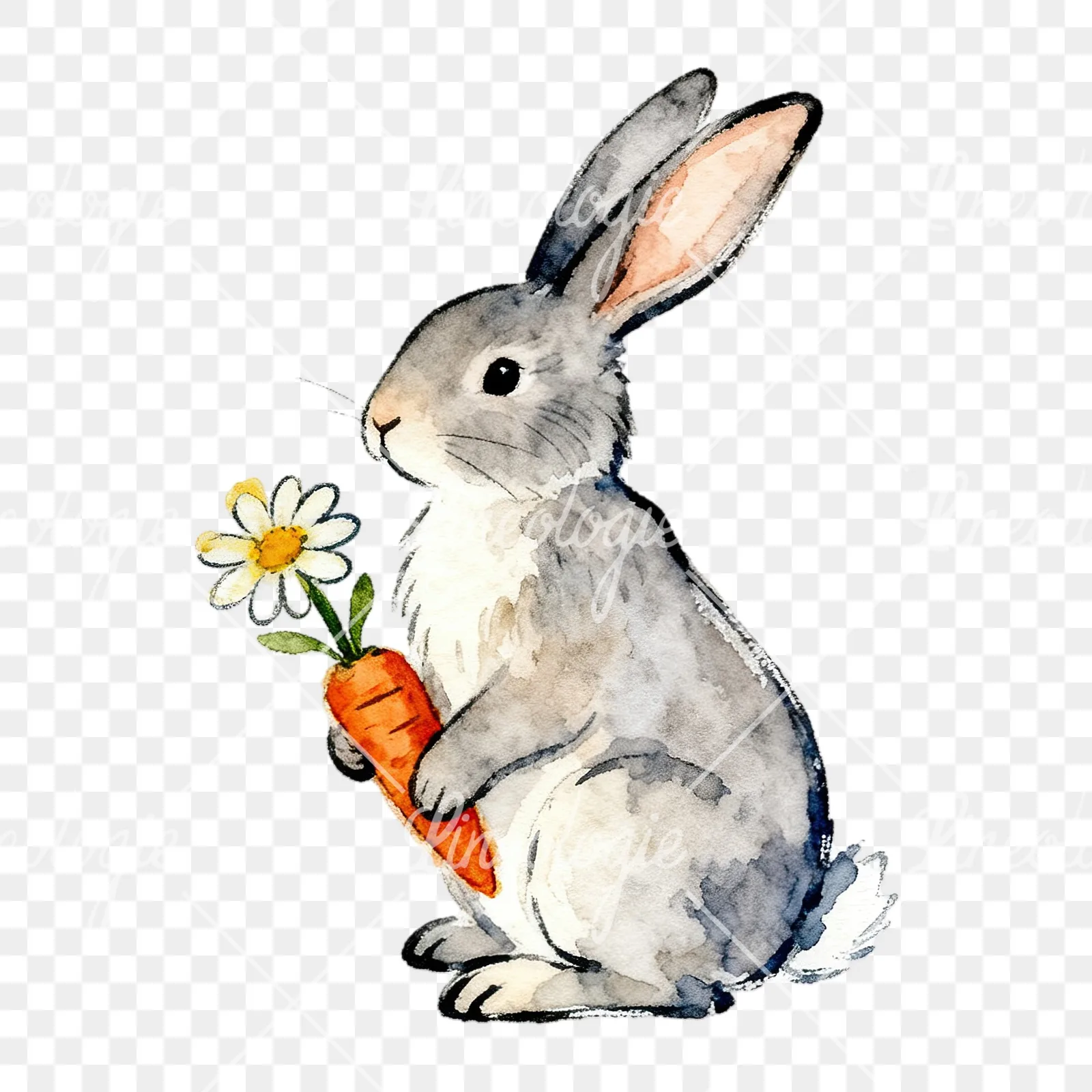 Watercolor Easter bunny with daisy clipart 8 of 9 on a transparent background (PNG)