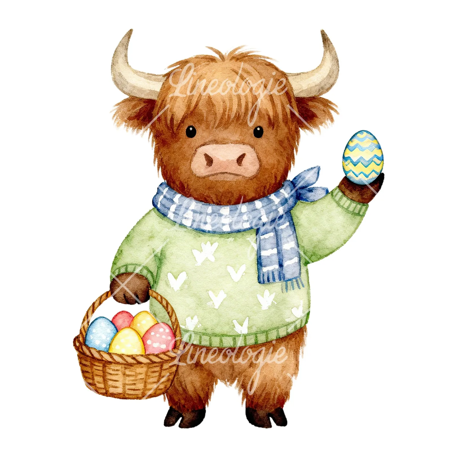 Watercolor Easter highland cow clipart 1 of 9 on a white background (JPG)