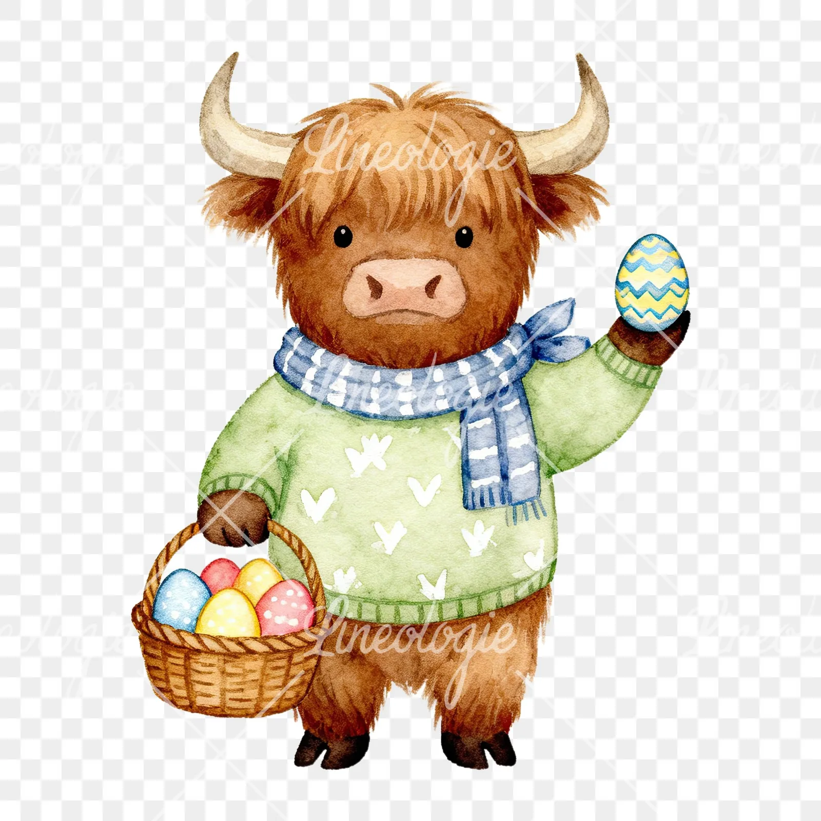 Watercolor Easter highland cow clipart 1 of 9 on a transparent background (PNG)
