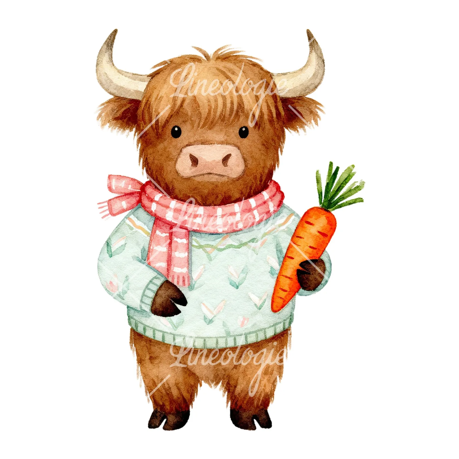 Watercolor Easter highland cow clipart 2 of 9 on a white background (JPG)