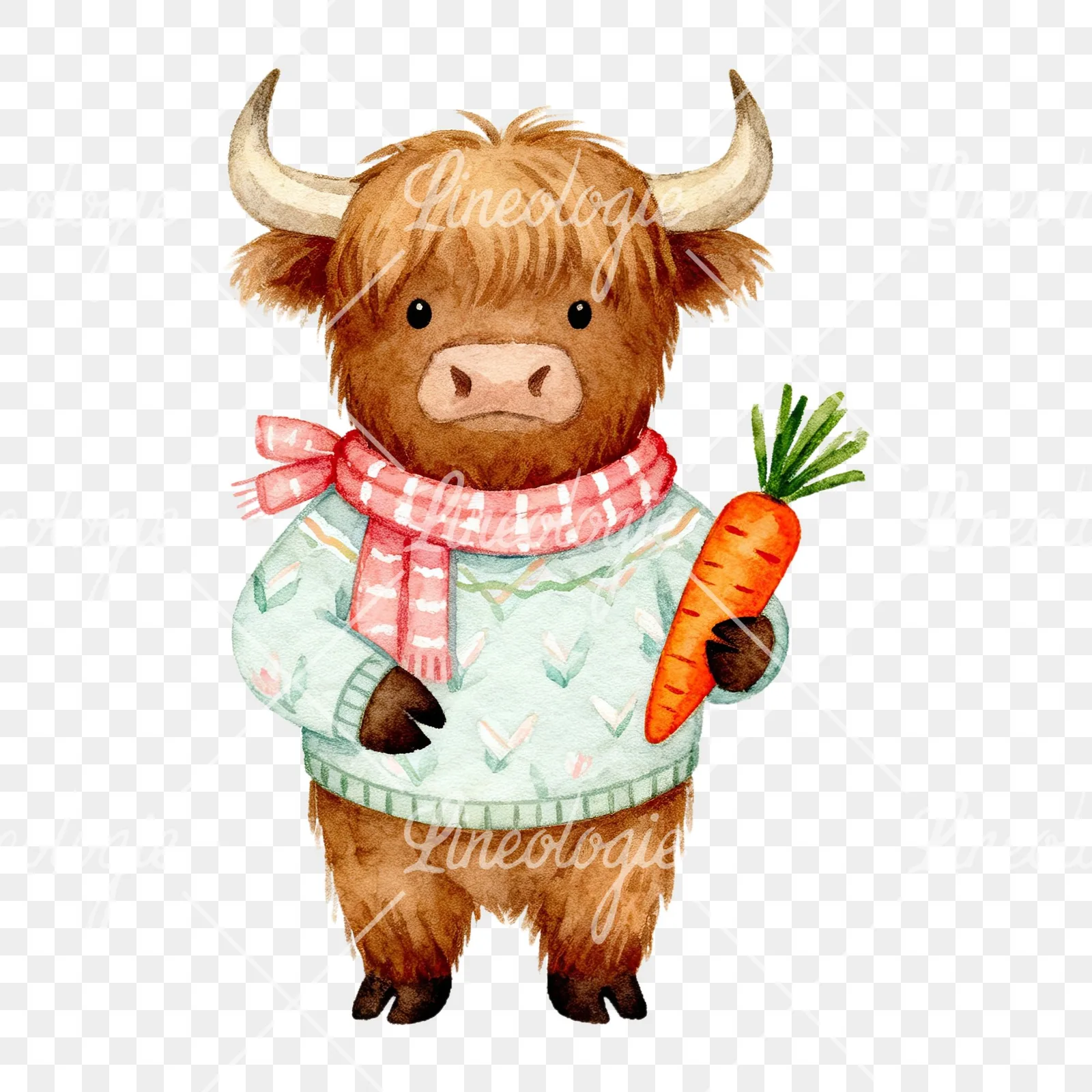 Watercolor Easter highland cow clipart 2 of 9 on a transparent background (PNG)