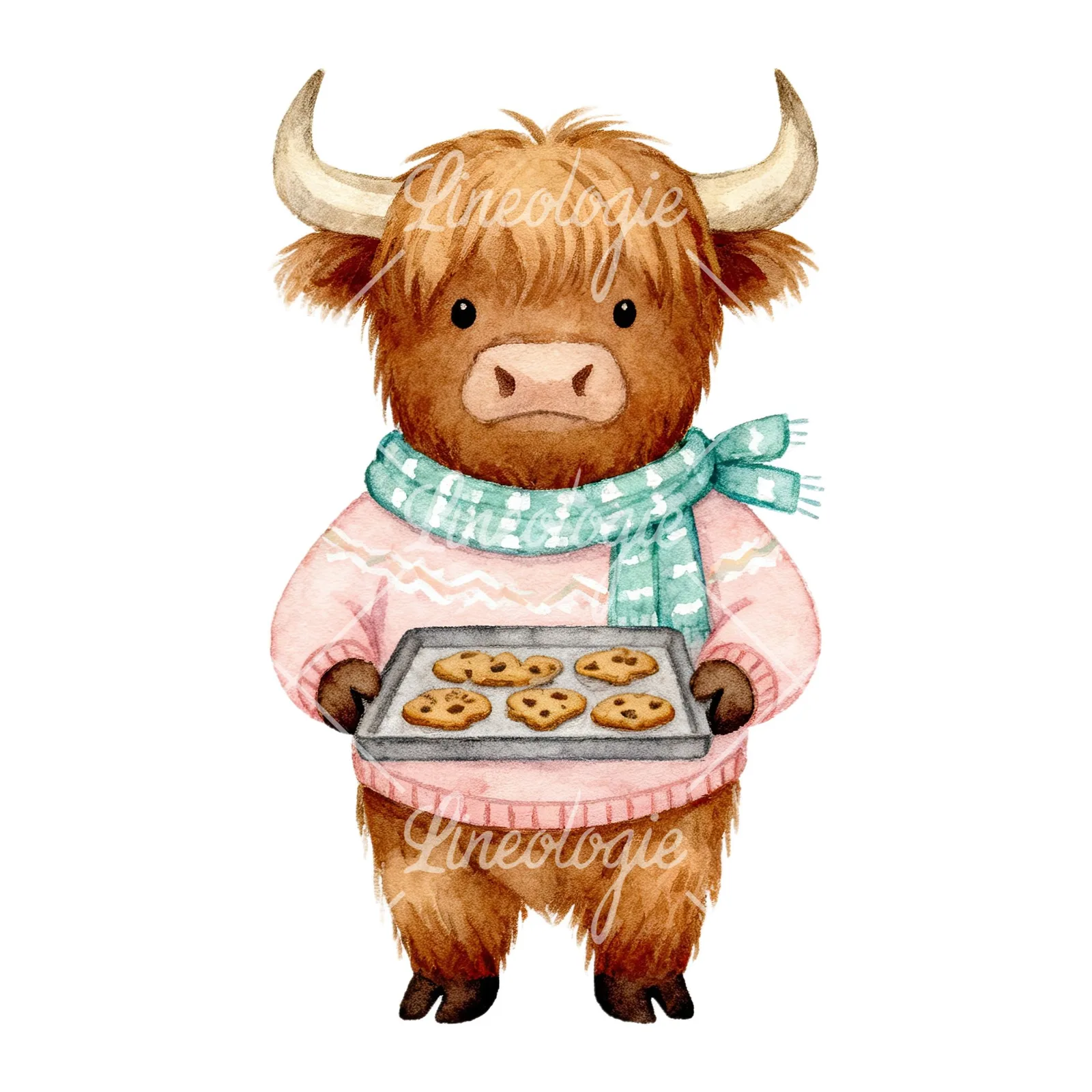 Watercolor Easter highland cow clipart 3 of 9 on a white background (JPG)