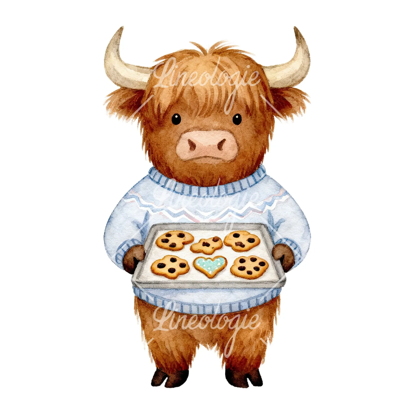 Watercolor Easter highland cow clipart 4 of 9 on a white background (JPG)