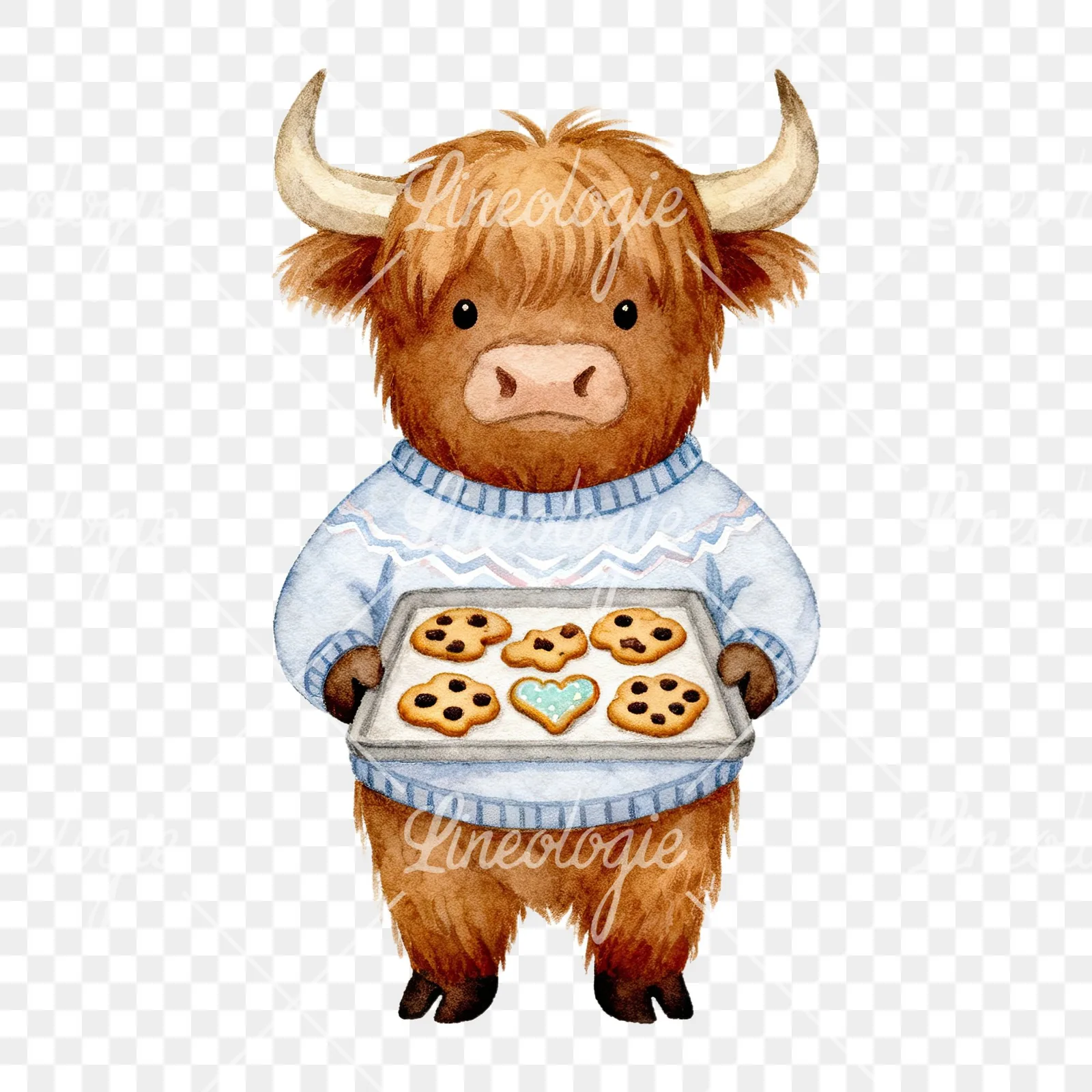 Watercolor Easter highland cow clipart 4 of 9 on a transparent background (PNG)