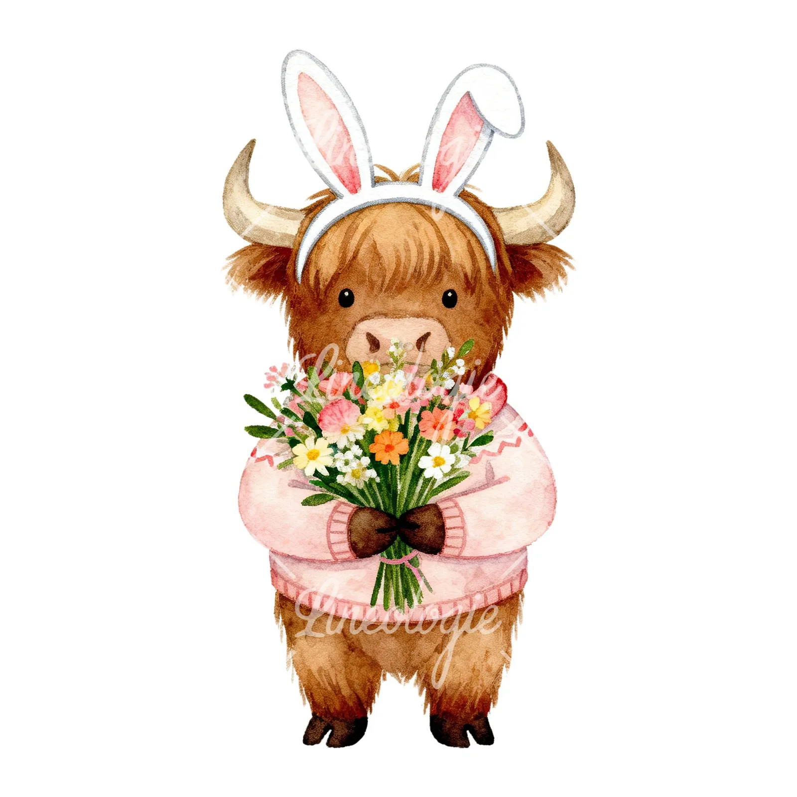 Watercolor Easter highland cow clipart 5 of 9 on a white background (JPG)