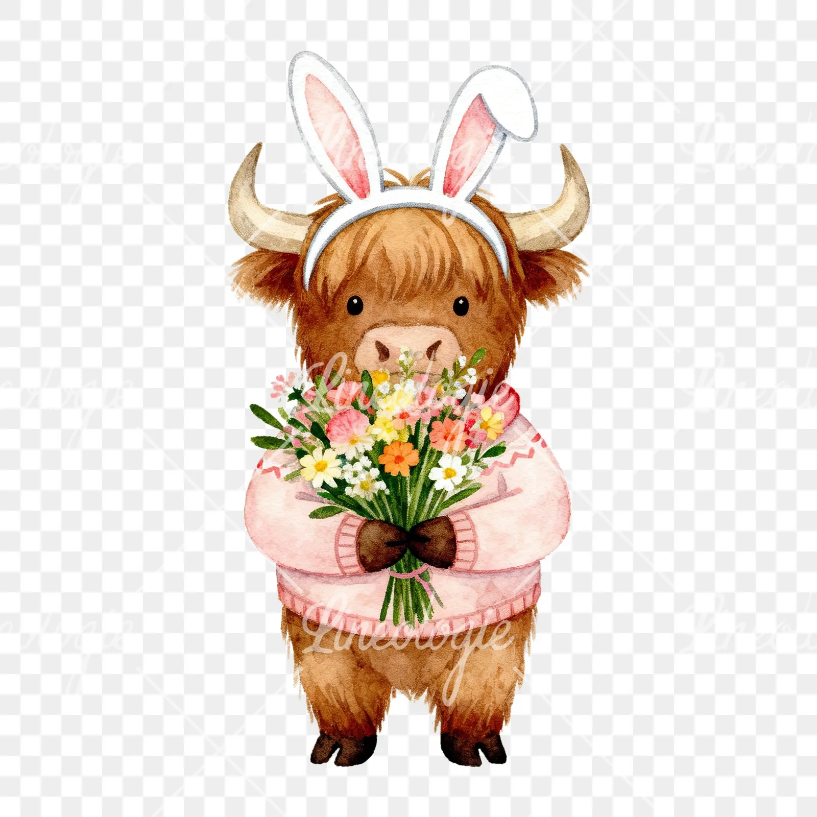 Watercolor Easter highland cow clipart 5 of 9 on a transparent background (PNG)