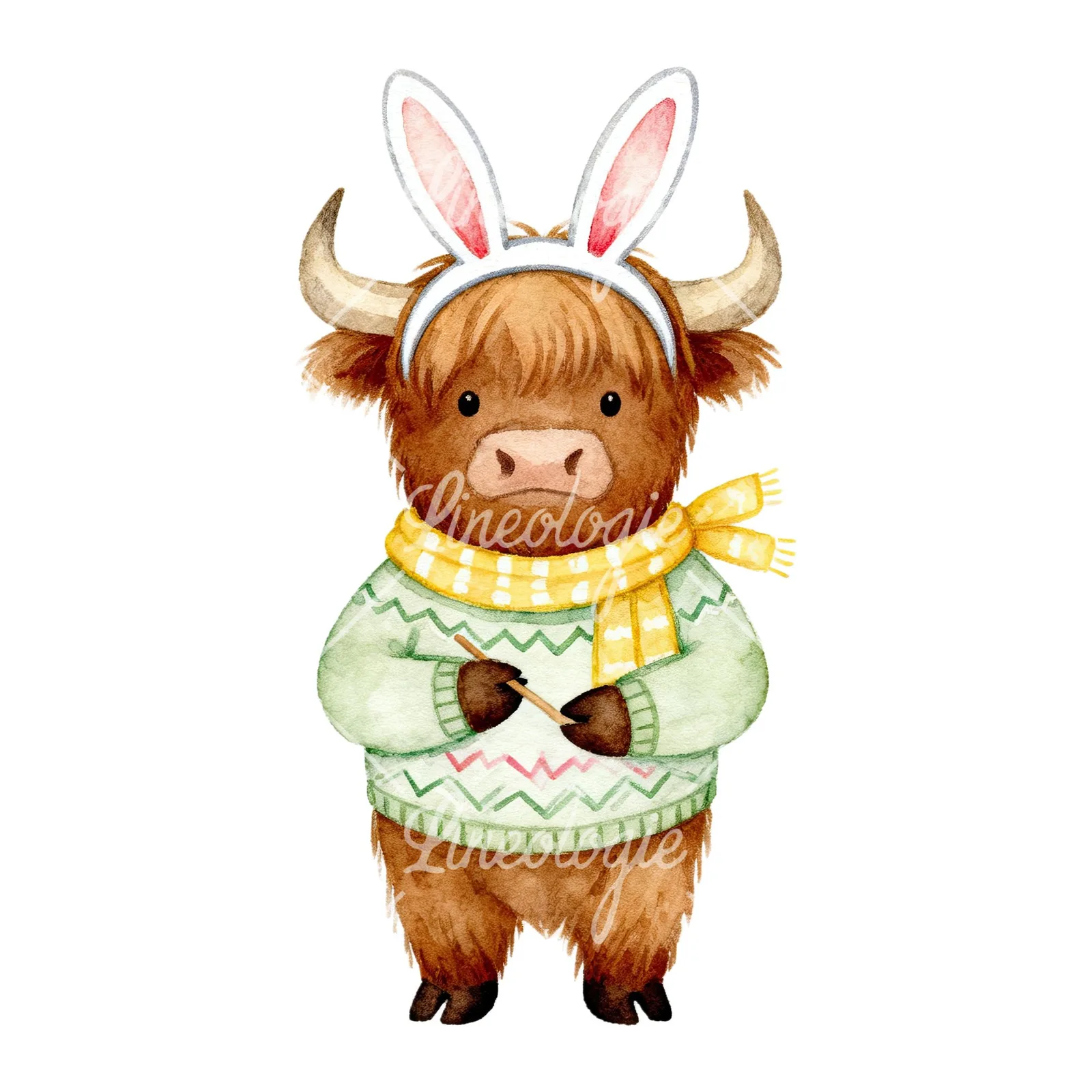Watercolor Easter highland cow clipart 6 of 9 on a white background (JPG)