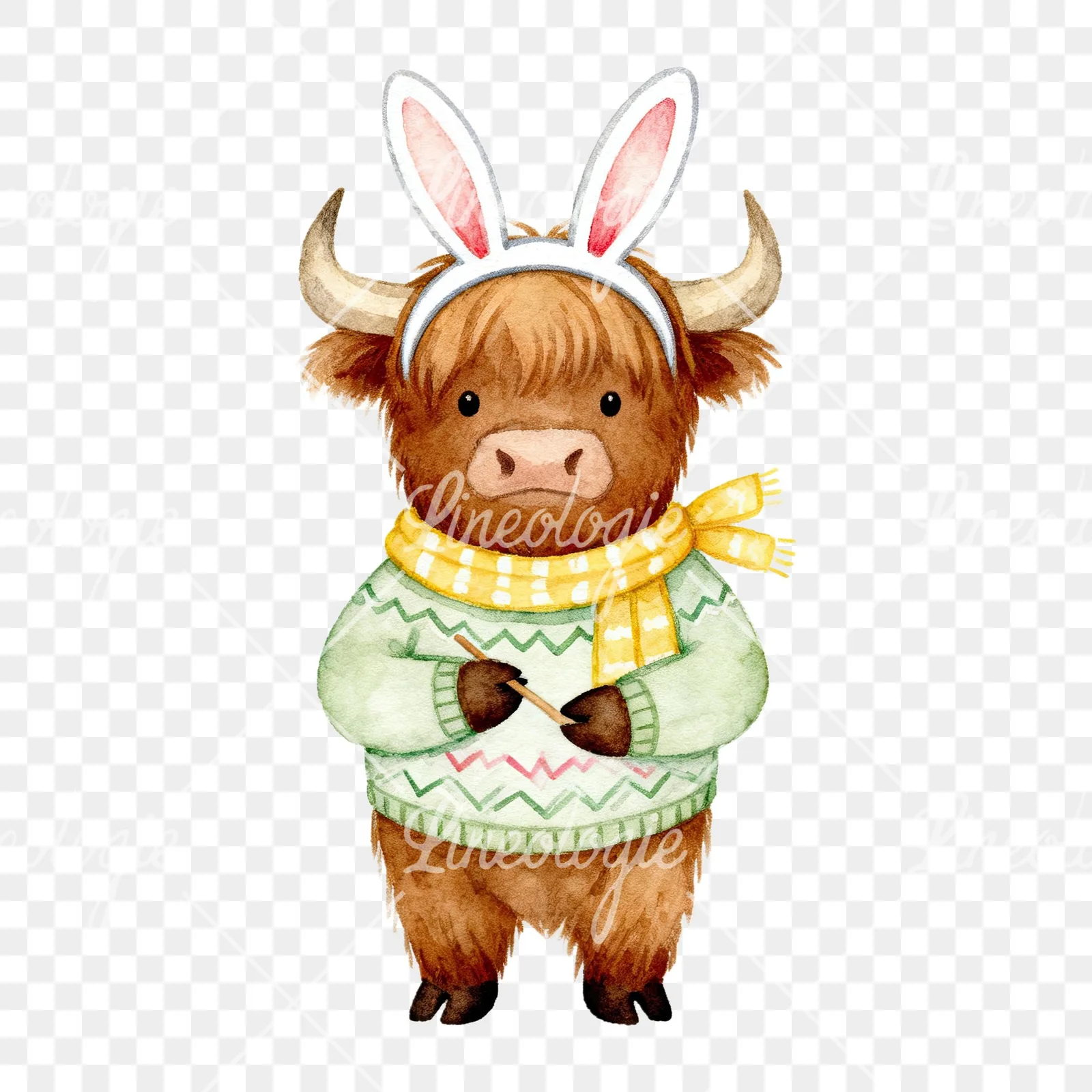 Watercolor Easter highland cow clipart 6 of 9 on a transparent background (PNG)