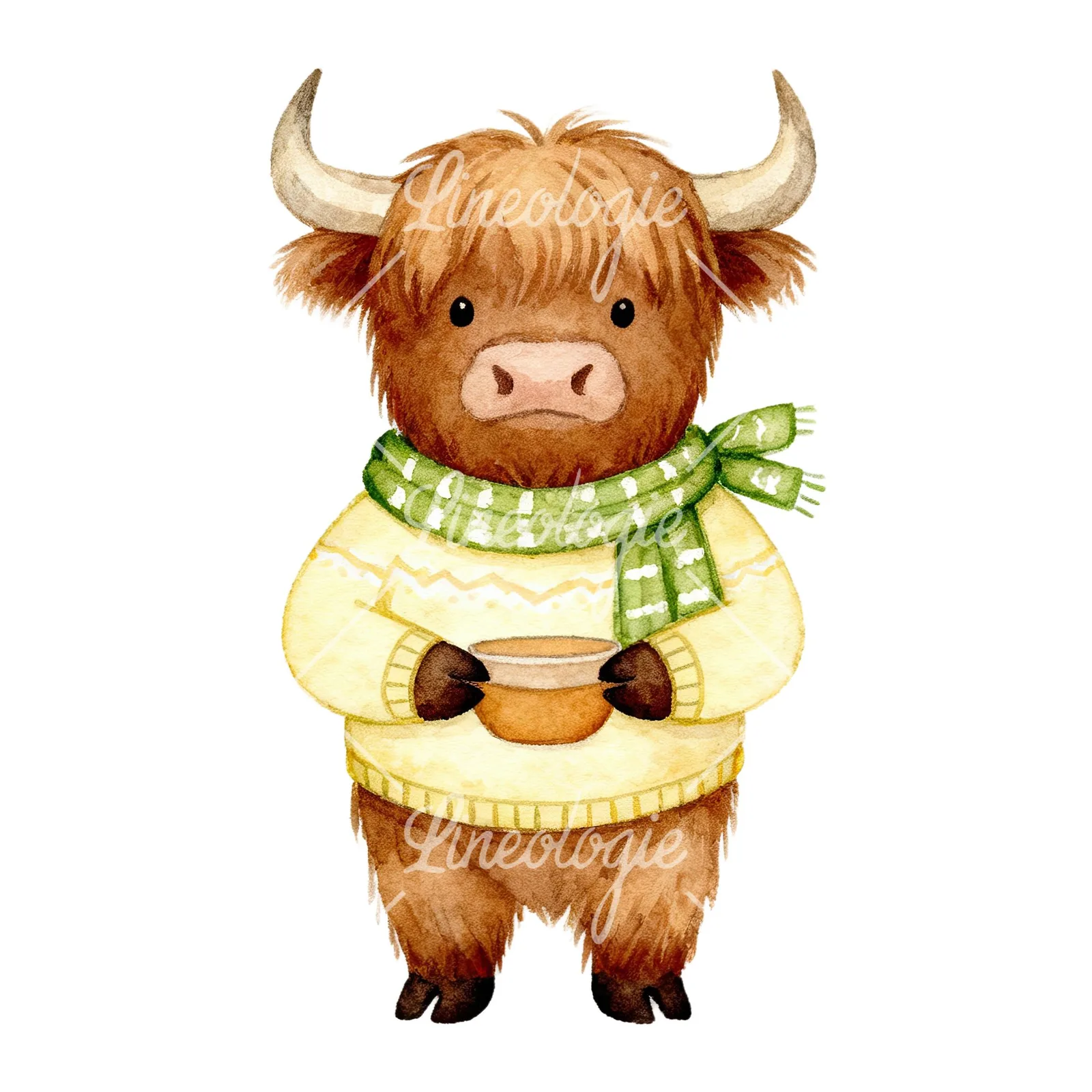 Watercolor Easter highland cow clipart 7 of 9 on a white background (JPG)