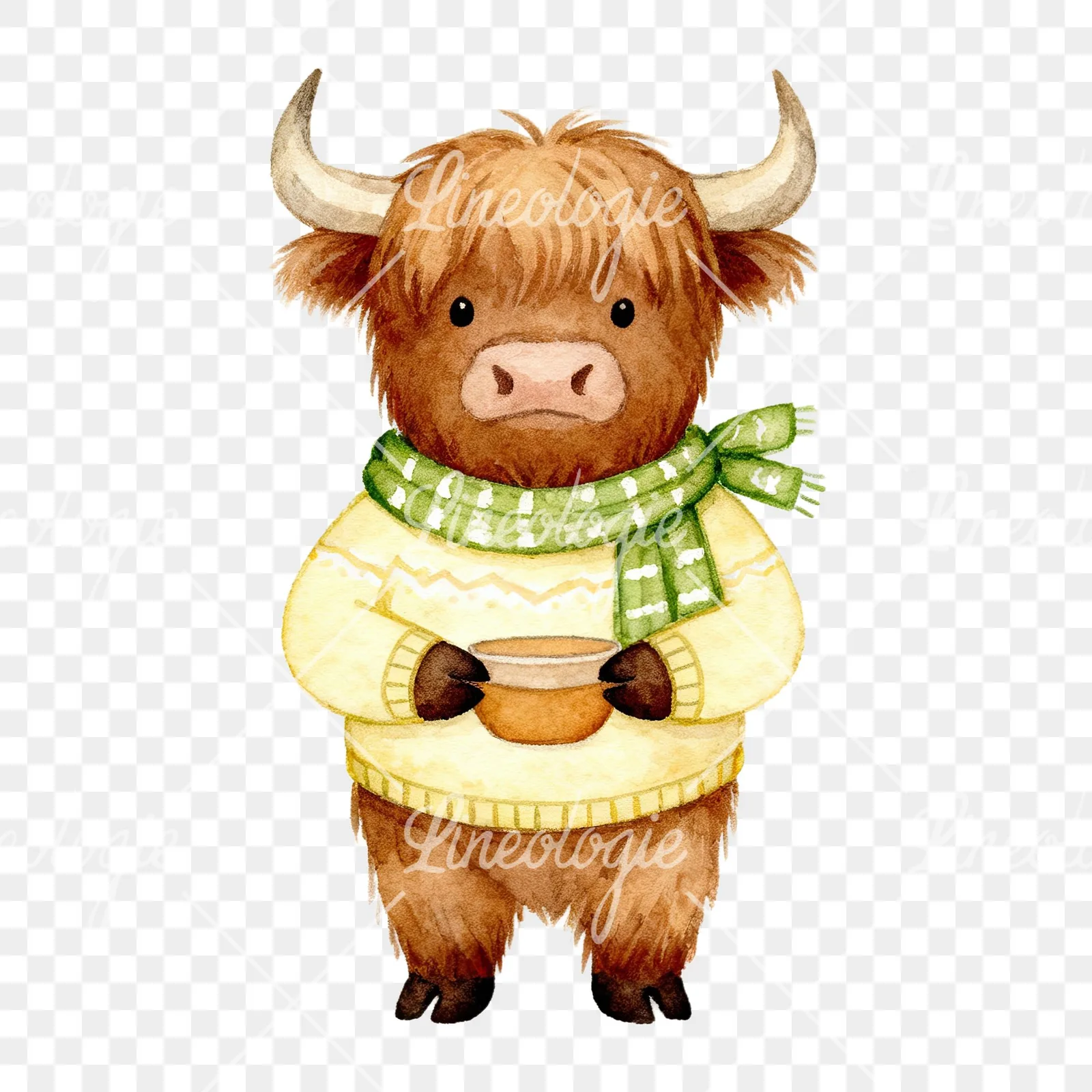 Watercolor Easter highland cow clipart 7 of 9 on a transparent background (PNG)