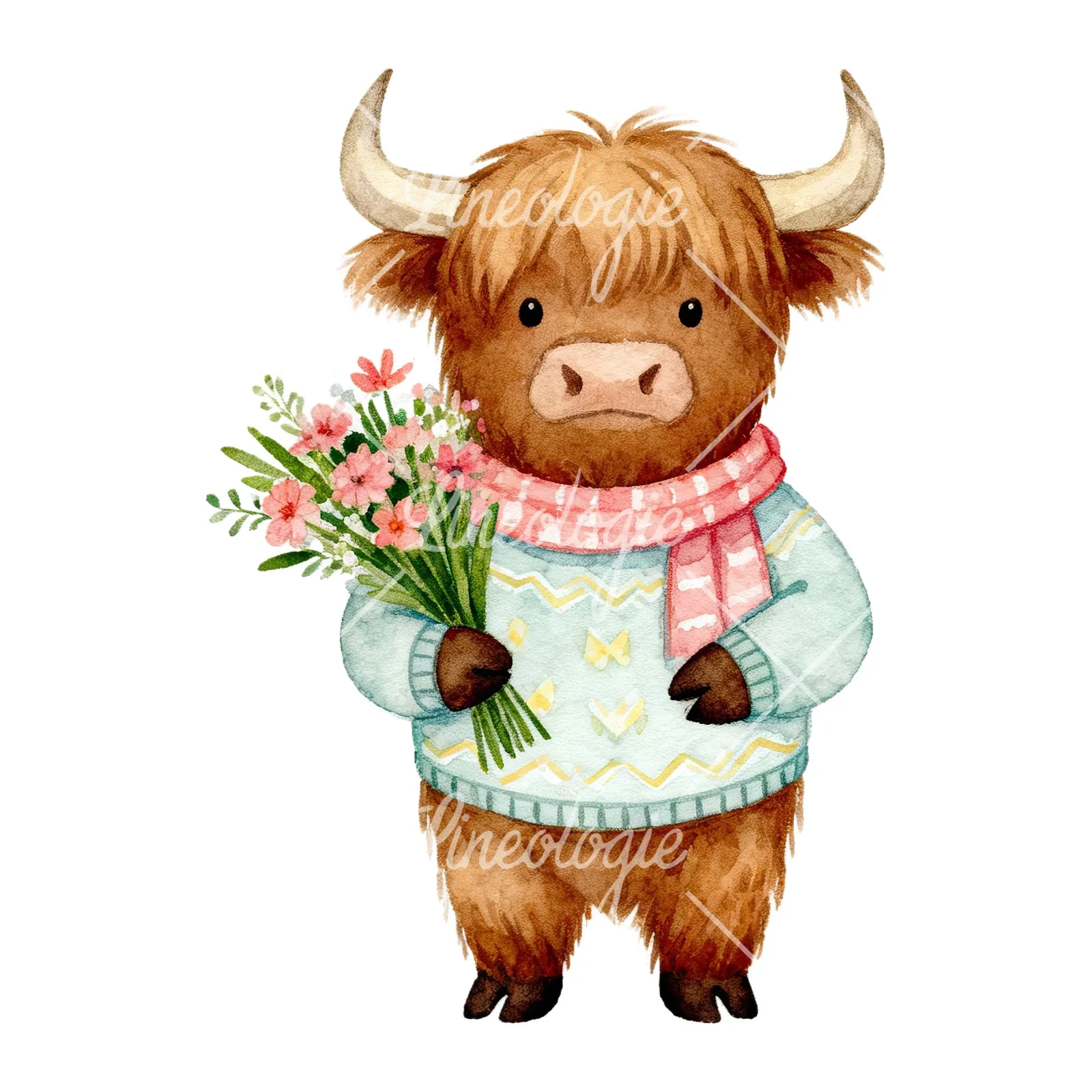 Watercolor Easter highland cow clipart 8 of 9 on a white background (JPG)