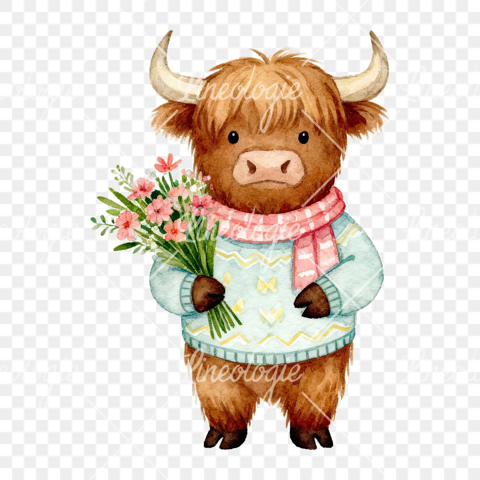 Watercolor Easter highland cow clipart 8 of 9 on a transparent background (PNG)