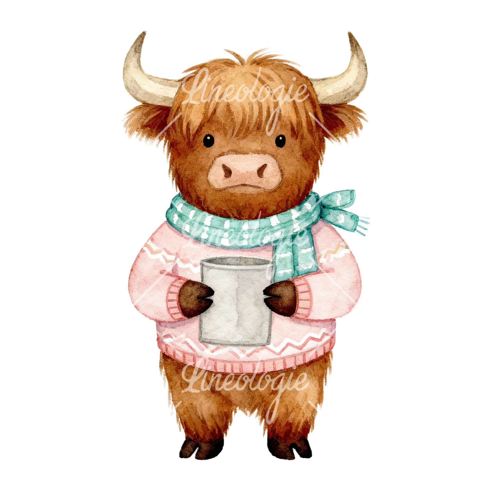 Watercolor Easter highland cow clipart 9 of 9 on a white background (JPG)
